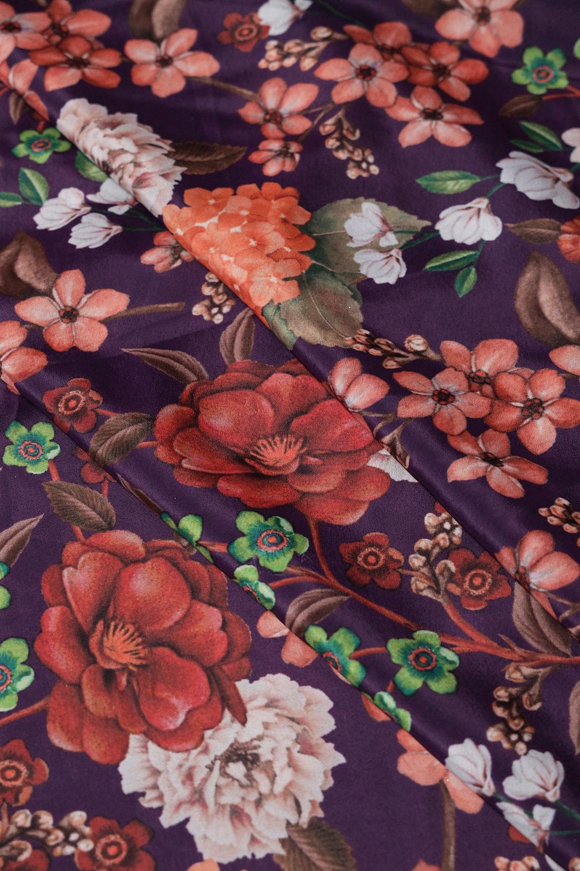 Multi Color Floral Pattern Digital Print On Purple Crepe Fabric - doeraa