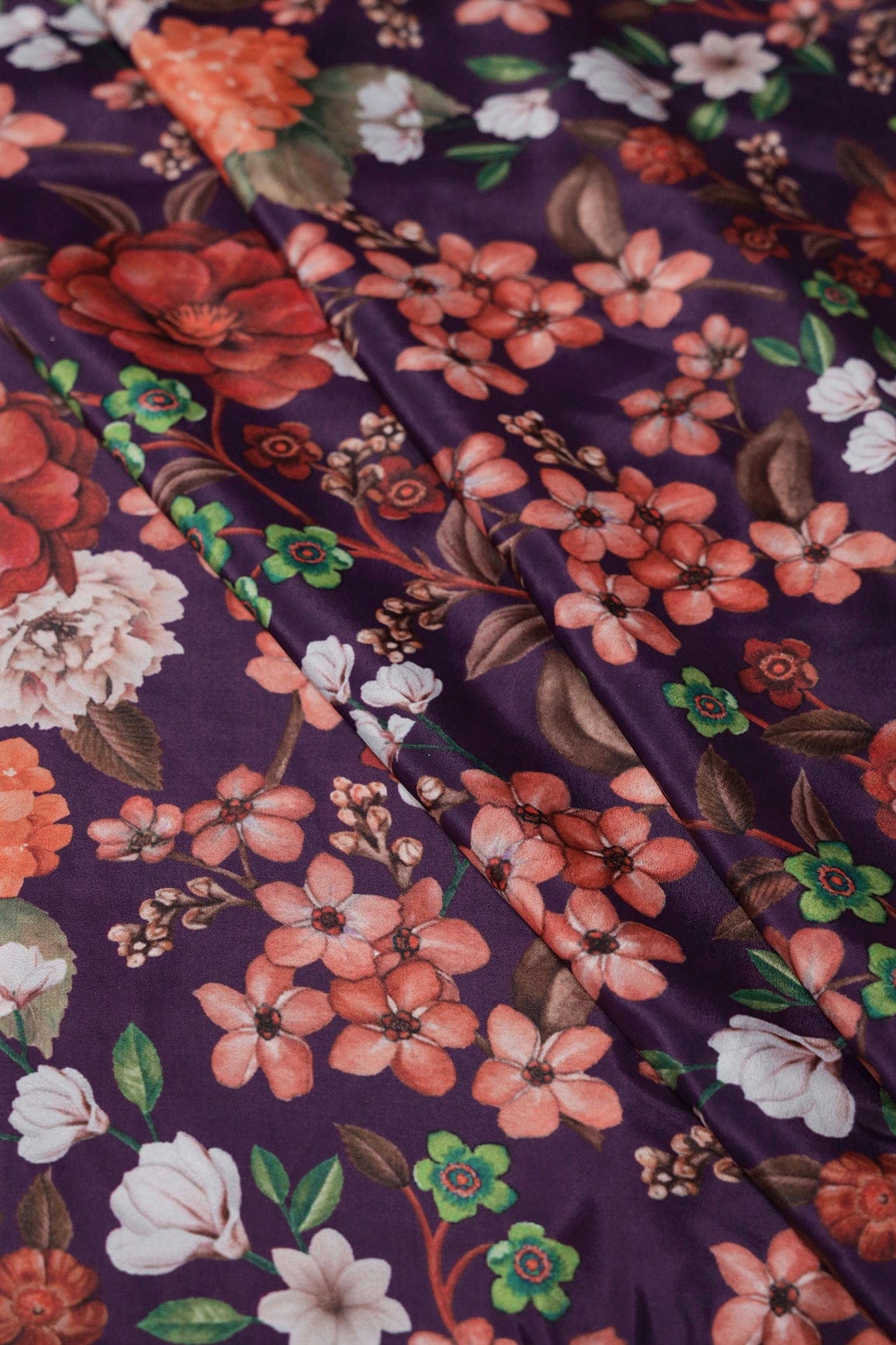 Multi Color Floral Pattern Digital Print On Purple Crepe Fabric - doeraa