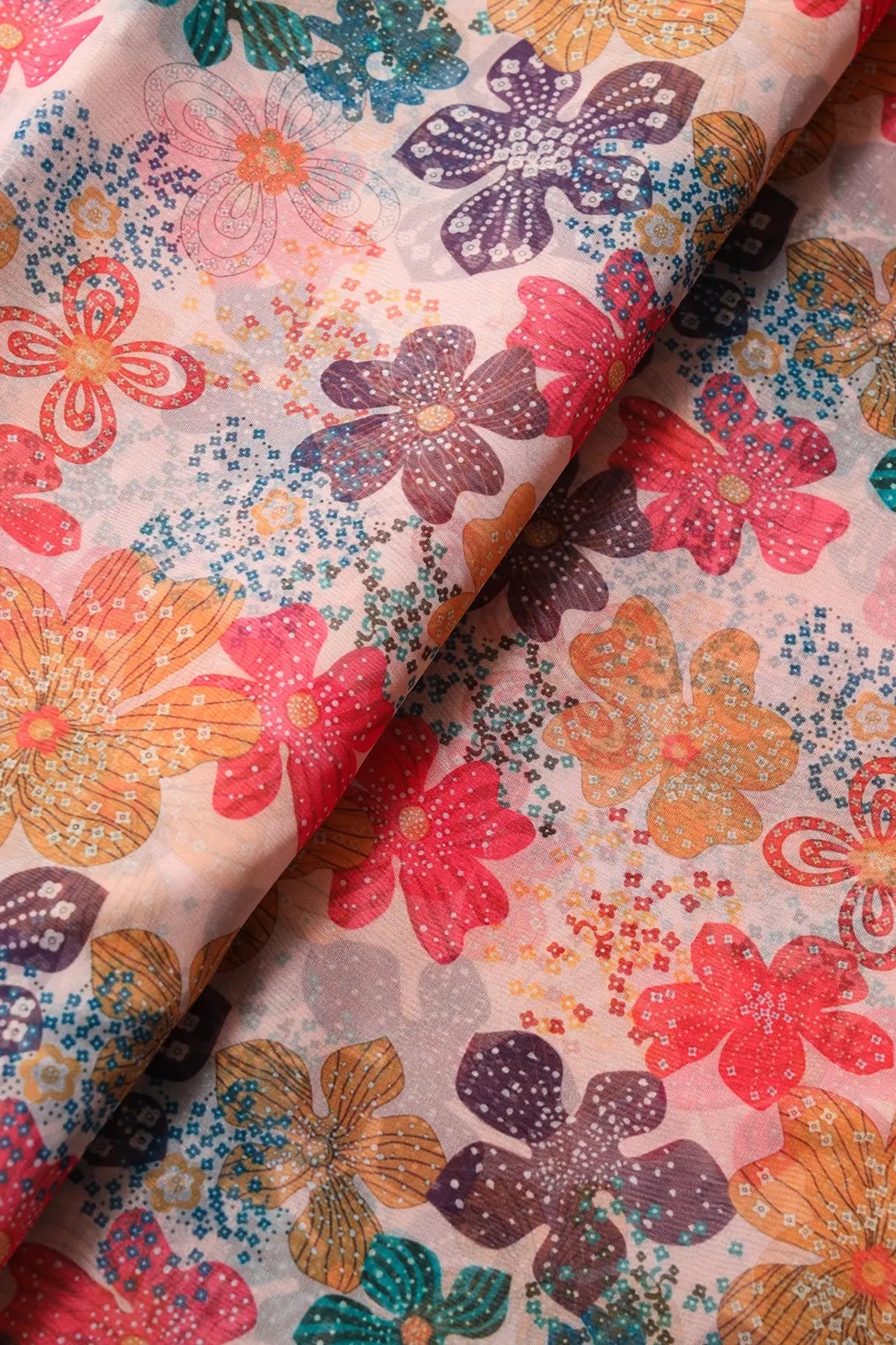 Multi Color Floral Pattern Digital Print On White Organza Fabric - doeraa