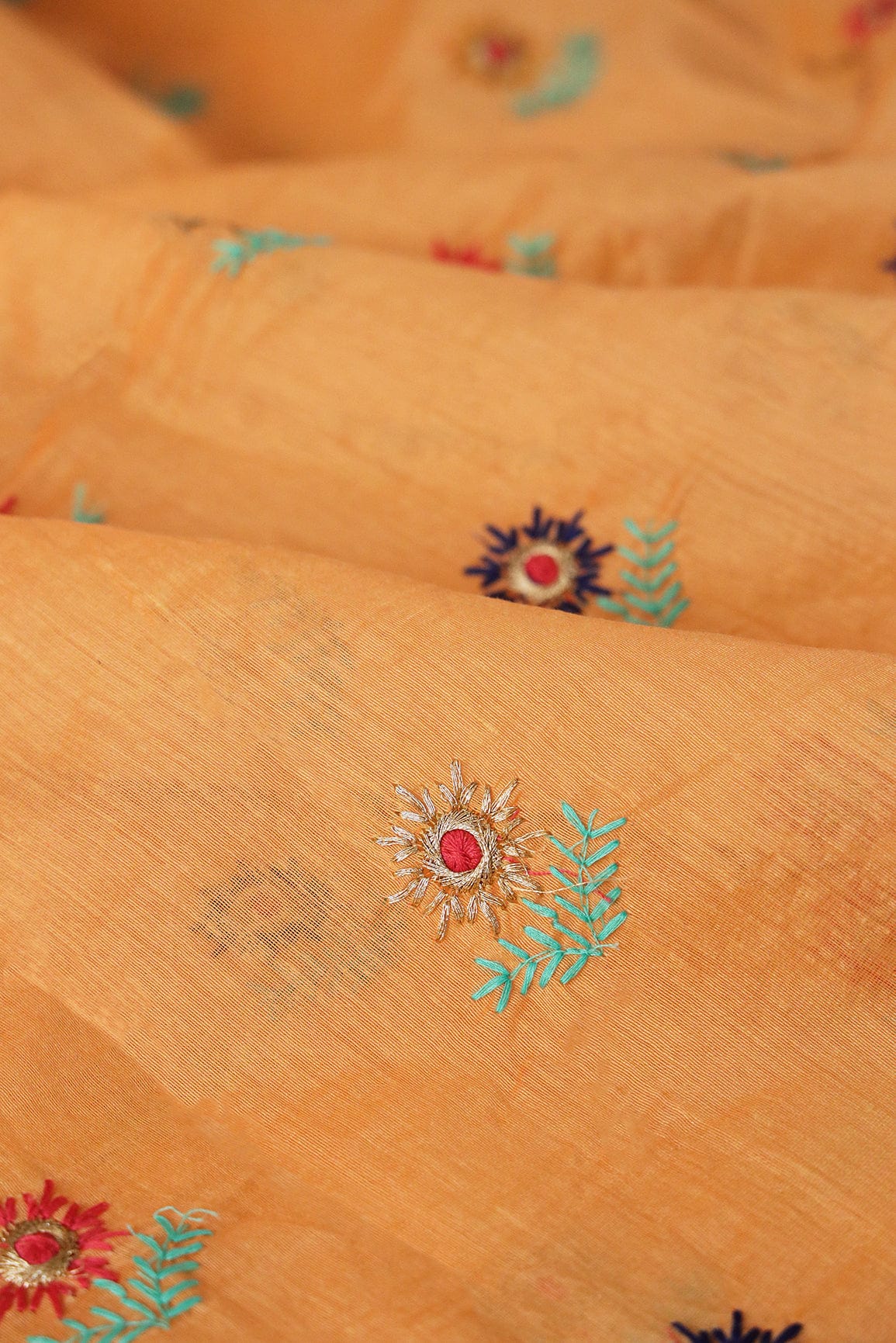 Multi Color Sun Flower Zari Embroidery On Peach Chanderi Fabric - doeraa