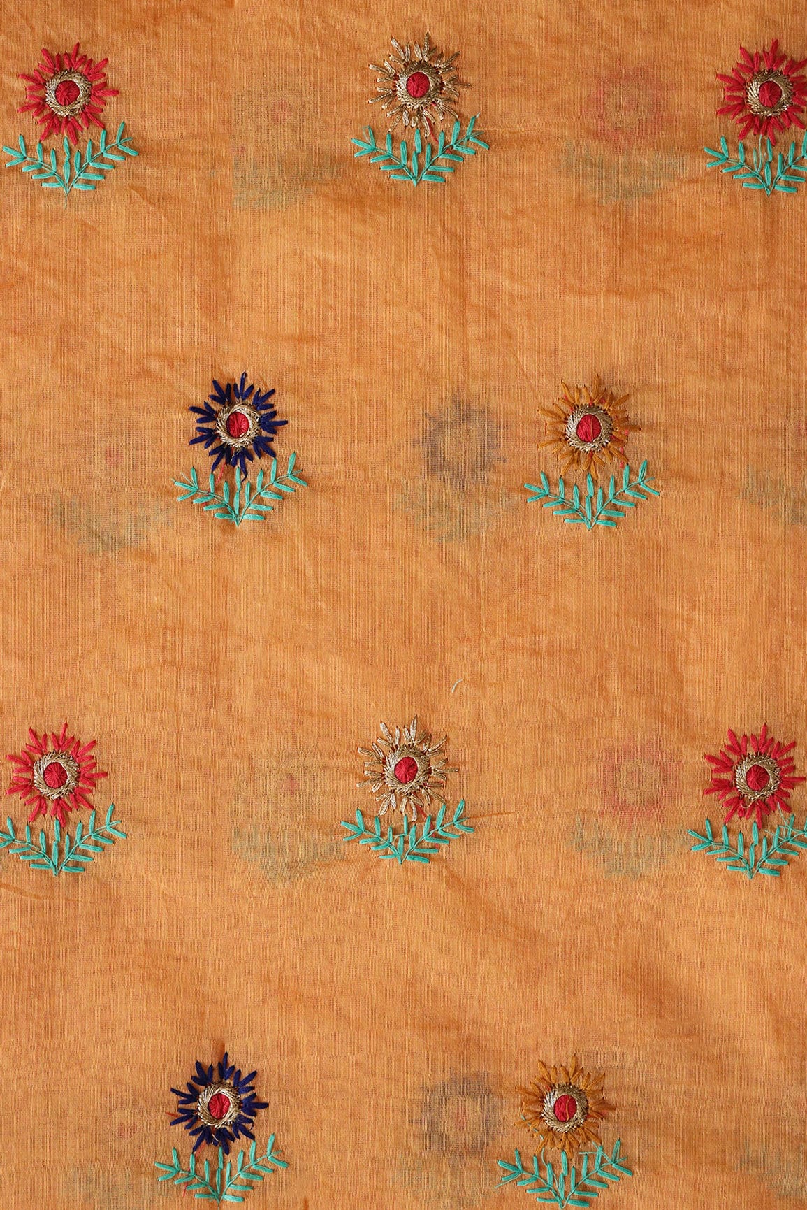 Multi Color Sun Flower Zari Embroidery On Peach Chanderi Fabric - doeraa