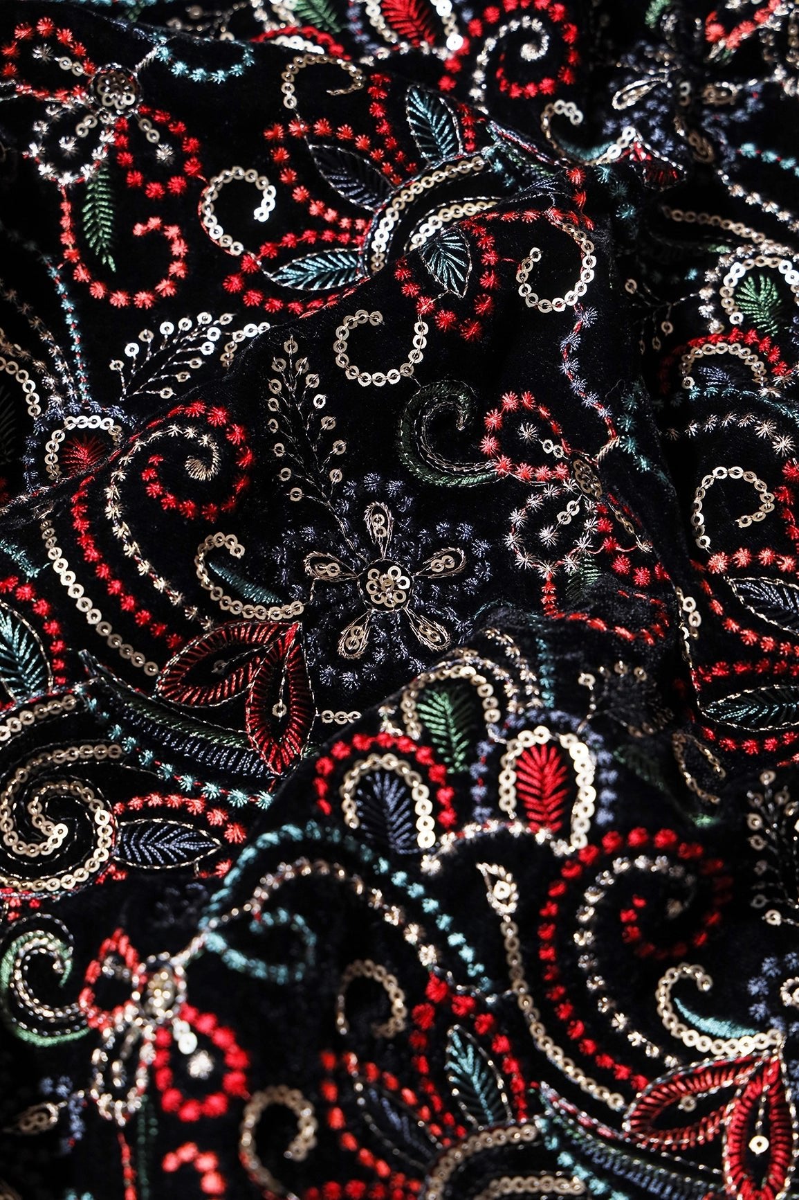 Multi Color Thread With Gold Sequins Floral Heavy Embroidery Work On Black Velvet Fabric - doeraa