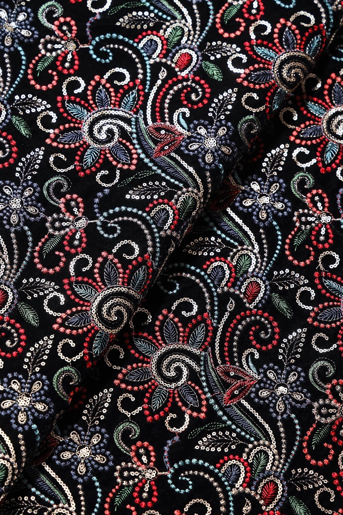 Multi Color Thread With Gold Sequins Floral Heavy Embroidery Work On Black Velvet Fabric - doeraa
