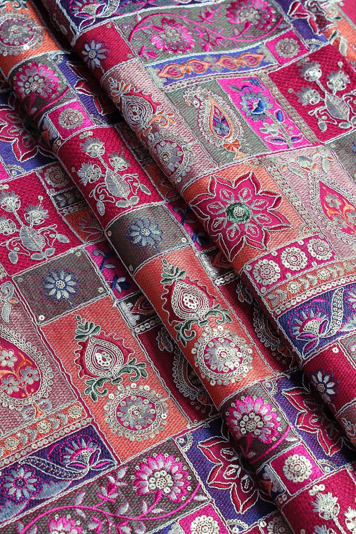 Multi Color Thread With Gold Sequins Traditional Embroidery On Fuchsia Viscose Georgette Fabric - doeraa
