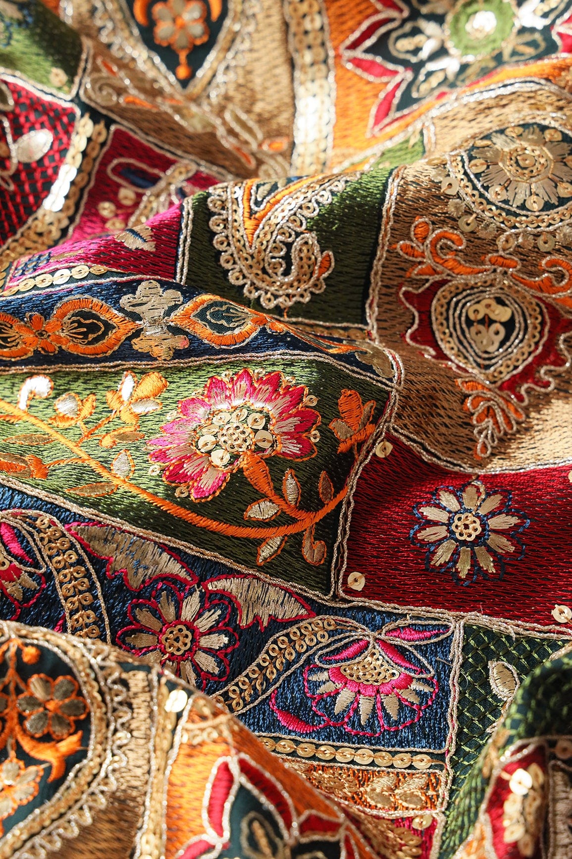 Multi Color Thread With Gold Sequins Traditional Embroidery On Rama Viscose Georgette Fabric - doeraa