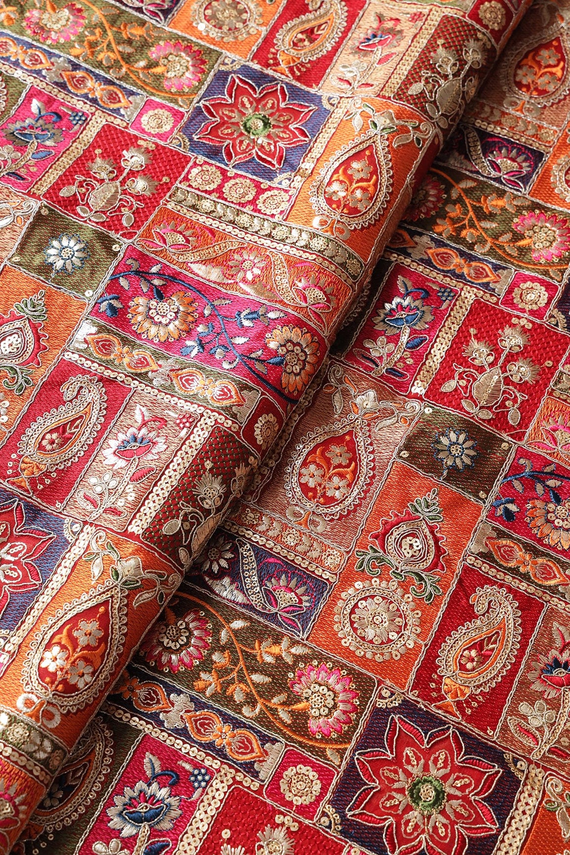 Multi Color Thread With Gold Sequins Traditional Embroidery On Red Viscose Georgette Fabric - doeraa