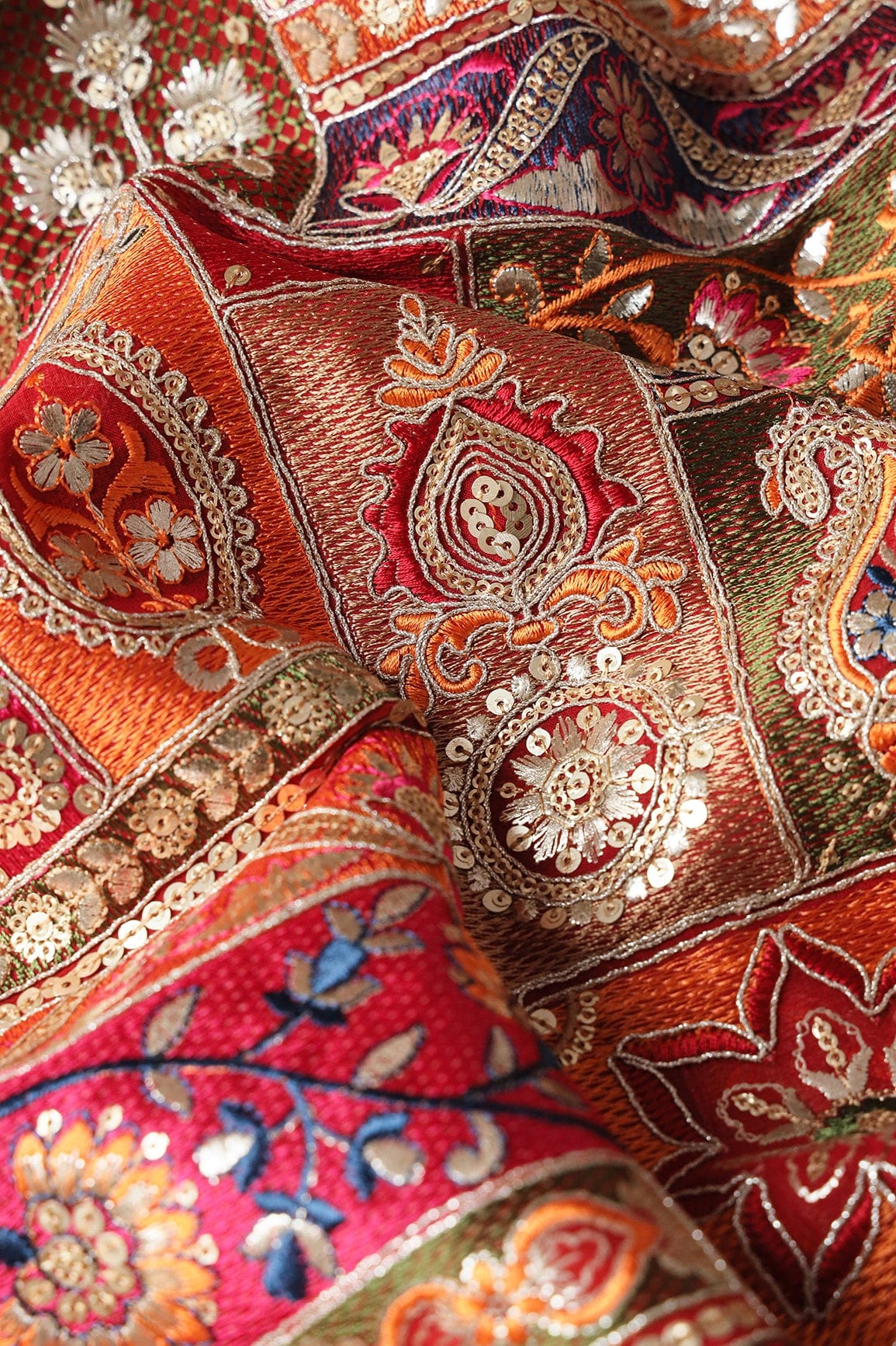 Multi Color Thread With Gold Sequins Traditional Embroidery On Red Viscose Georgette Fabric - doeraa