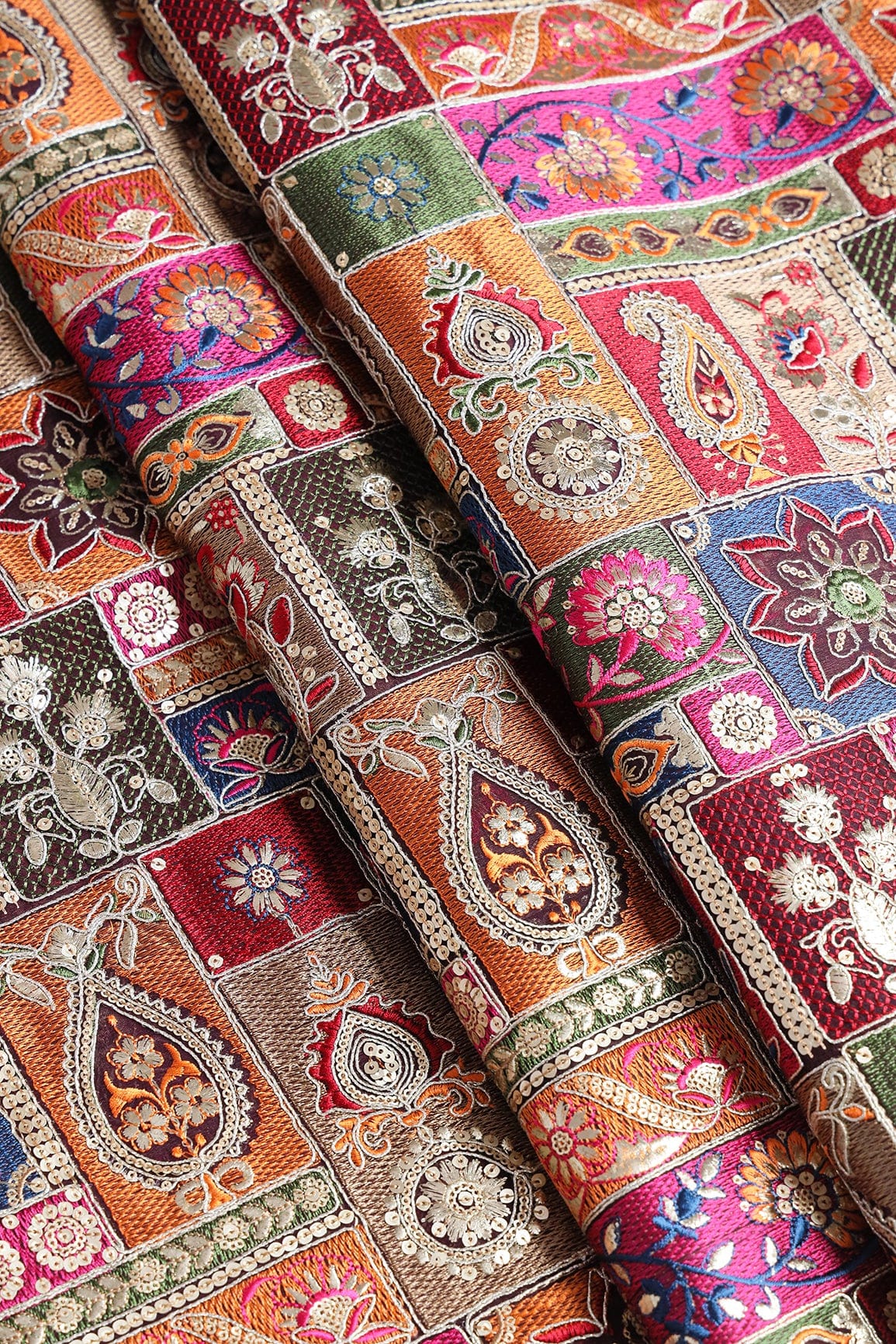 Multi Color Thread With Gold Sequins Traditional Embroidery On Wine Viscose Georgette Fabric - doeraa