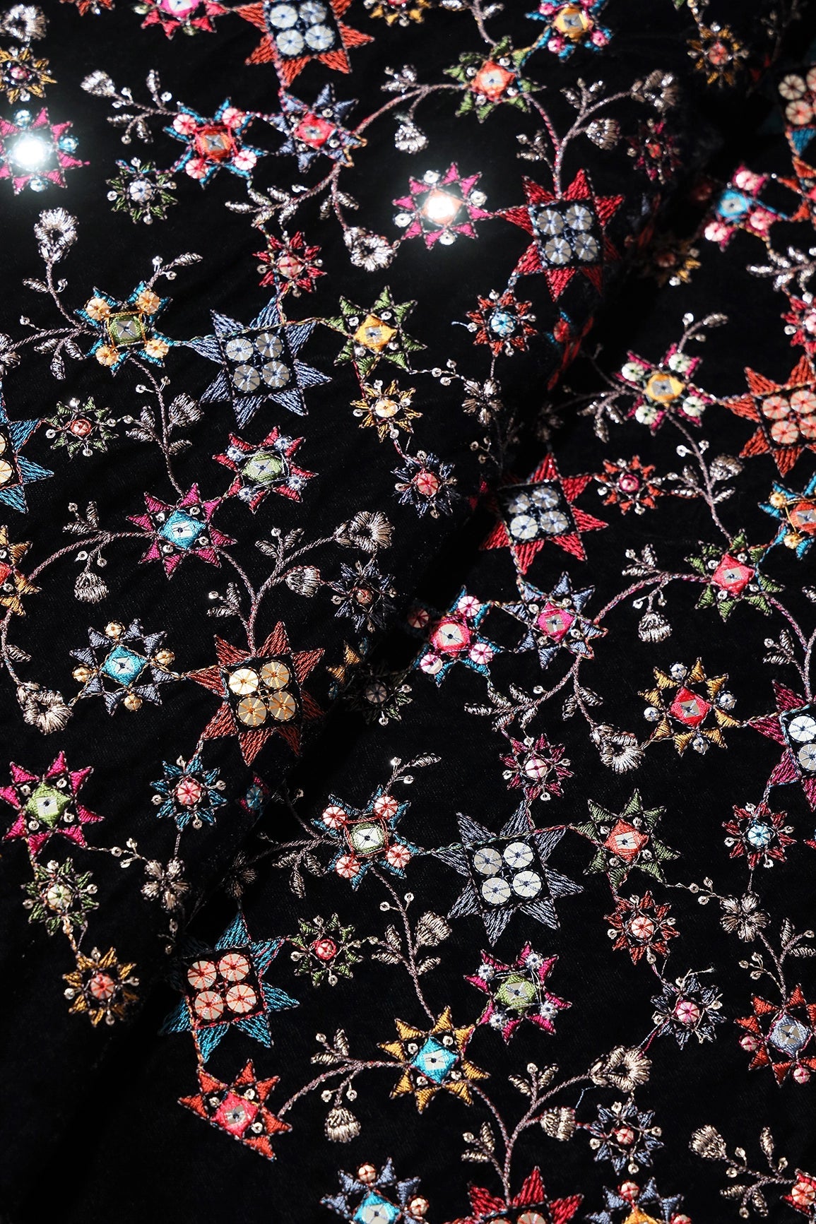 Multi Color Thread With Gold Sequins Traditional Heavy Embroidery Work On Black Velvet Fabric - doeraa