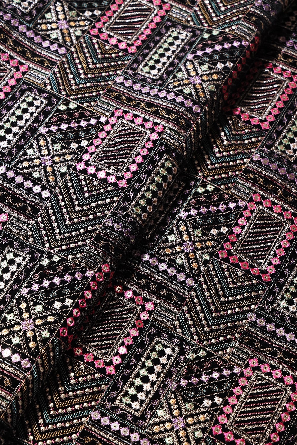 Multi Color Thread With Gold Sequins Traditional Heavy Embroidery Work On Black Velvet Fabric - doeraa