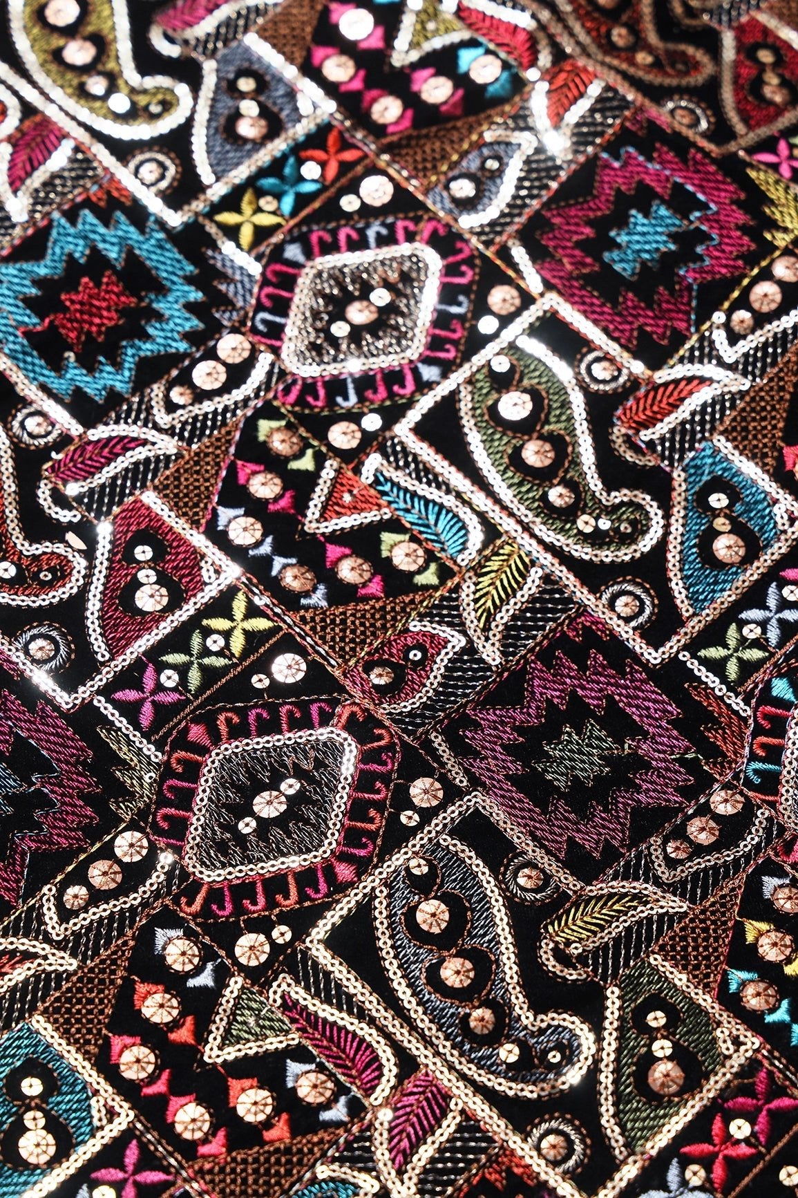 Multi Color Thread With Gold Sequins Traditional Heavy Embroidery Work On Black Velvet Fabric - doeraa