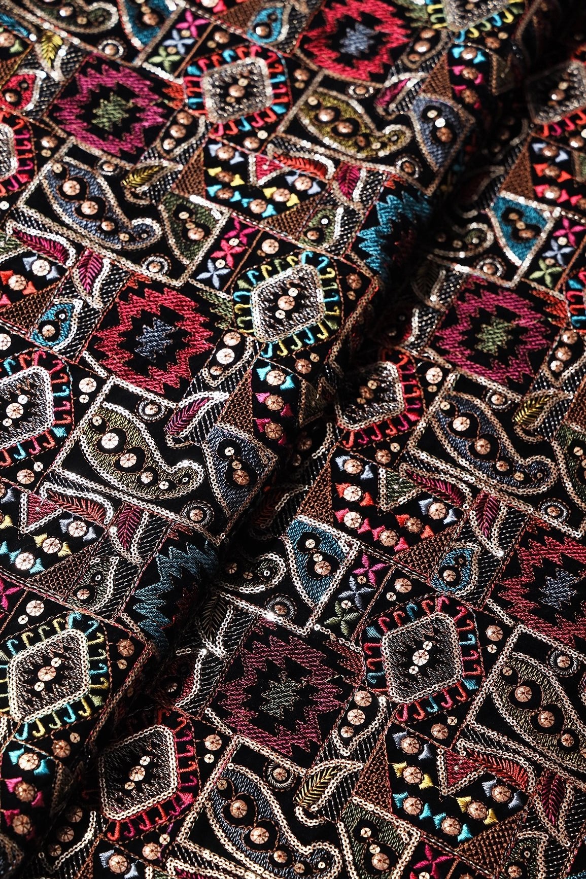 Multi Color Thread With Gold Sequins Traditional Heavy Embroidery Work On Black Velvet Fabric - doeraa