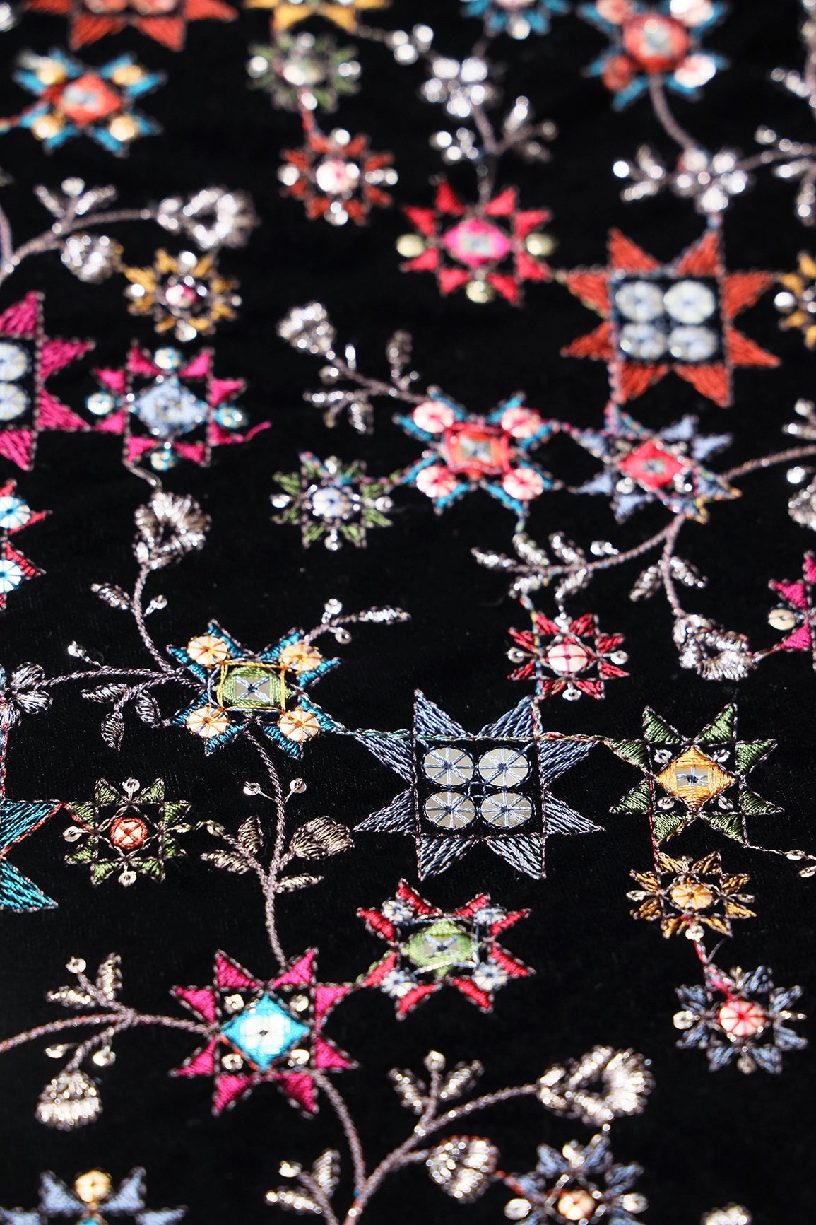 Multi Color Thread With Gold Sequins Traditional Heavy Embroidery Work On Black Velvet Fabric - doeraa