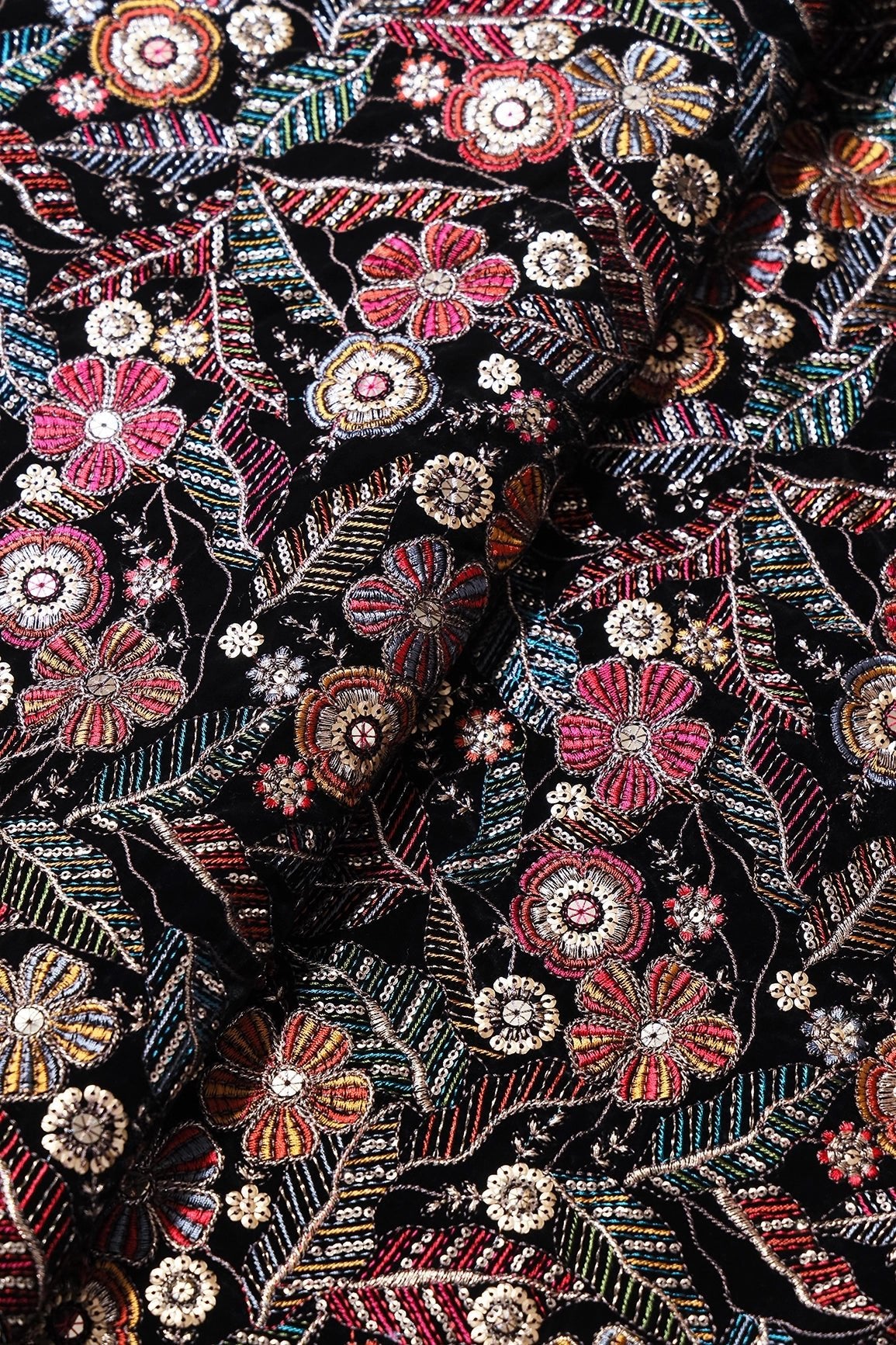 Multi Color Thread With Gold Zari With Sequins Floral Heavy Embroidery Work On Black Velvet Fabric - doeraa