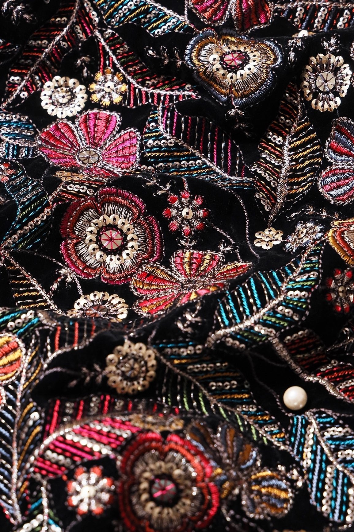 Multi Color Thread With Gold Zari With Sequins Floral Heavy Embroidery Work On Black Velvet Fabric - doeraa