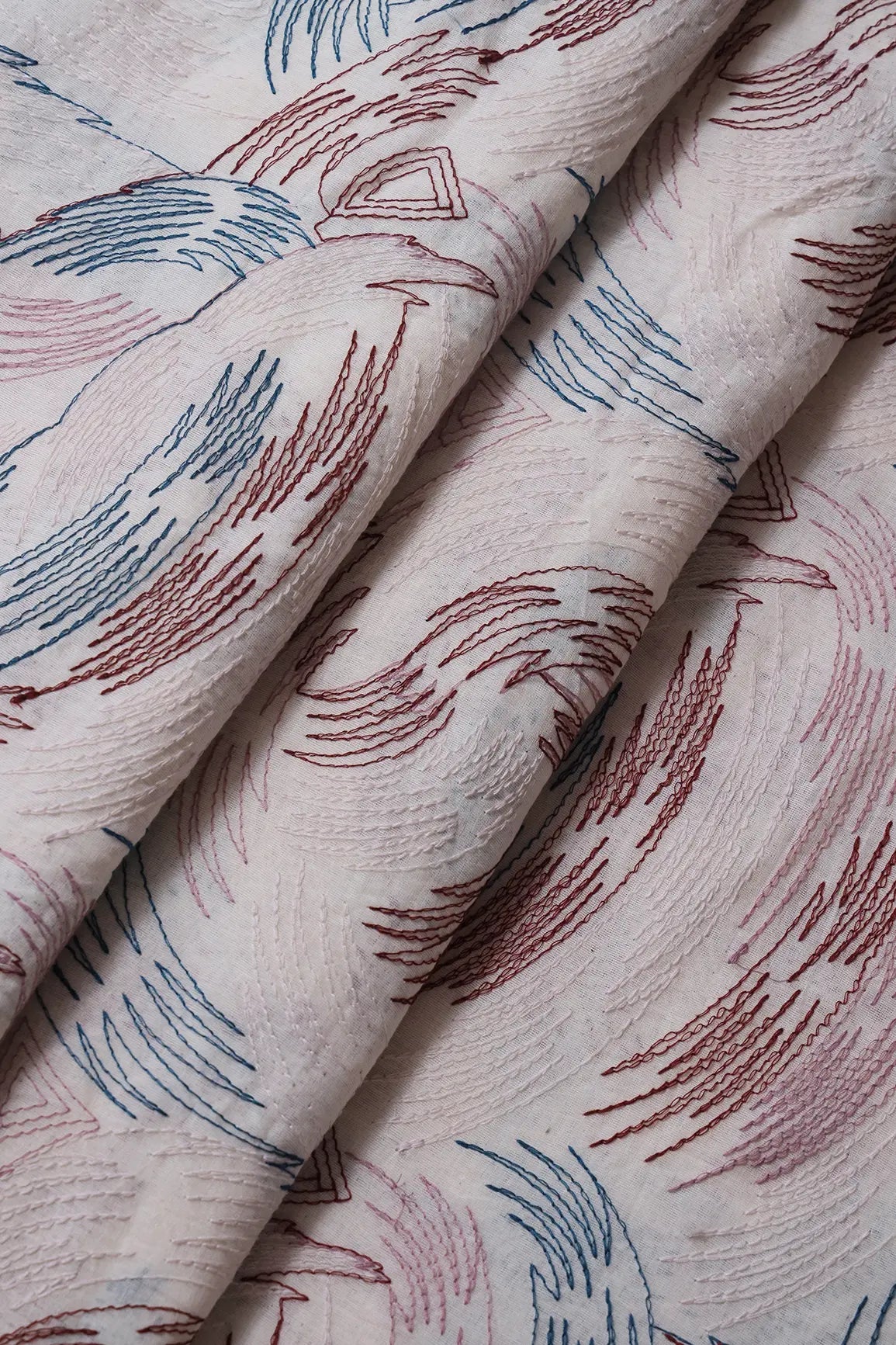 Multi Thread Abstract Embroidery Work On Off White Organic Cotton Fabric - doeraa