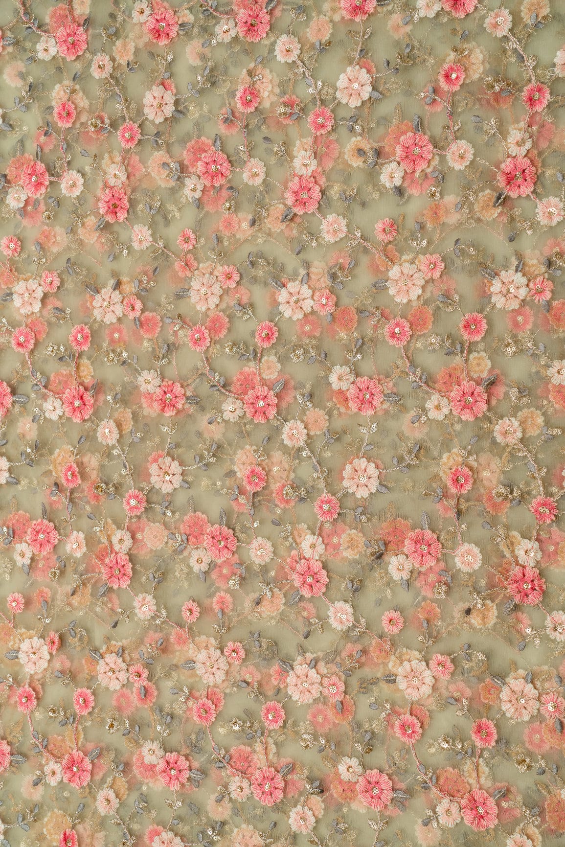 Multi Thread And Sequins Embroidery On Olive Soft Net Fabric - doeraa