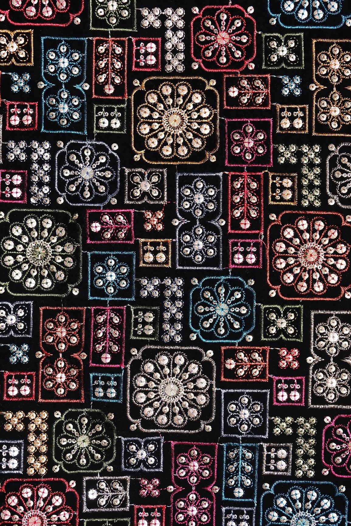 Multi Thread With Gold Matt Sequins Traditional Heavy Embroidery Work On Black Velvet Fabric - doeraa