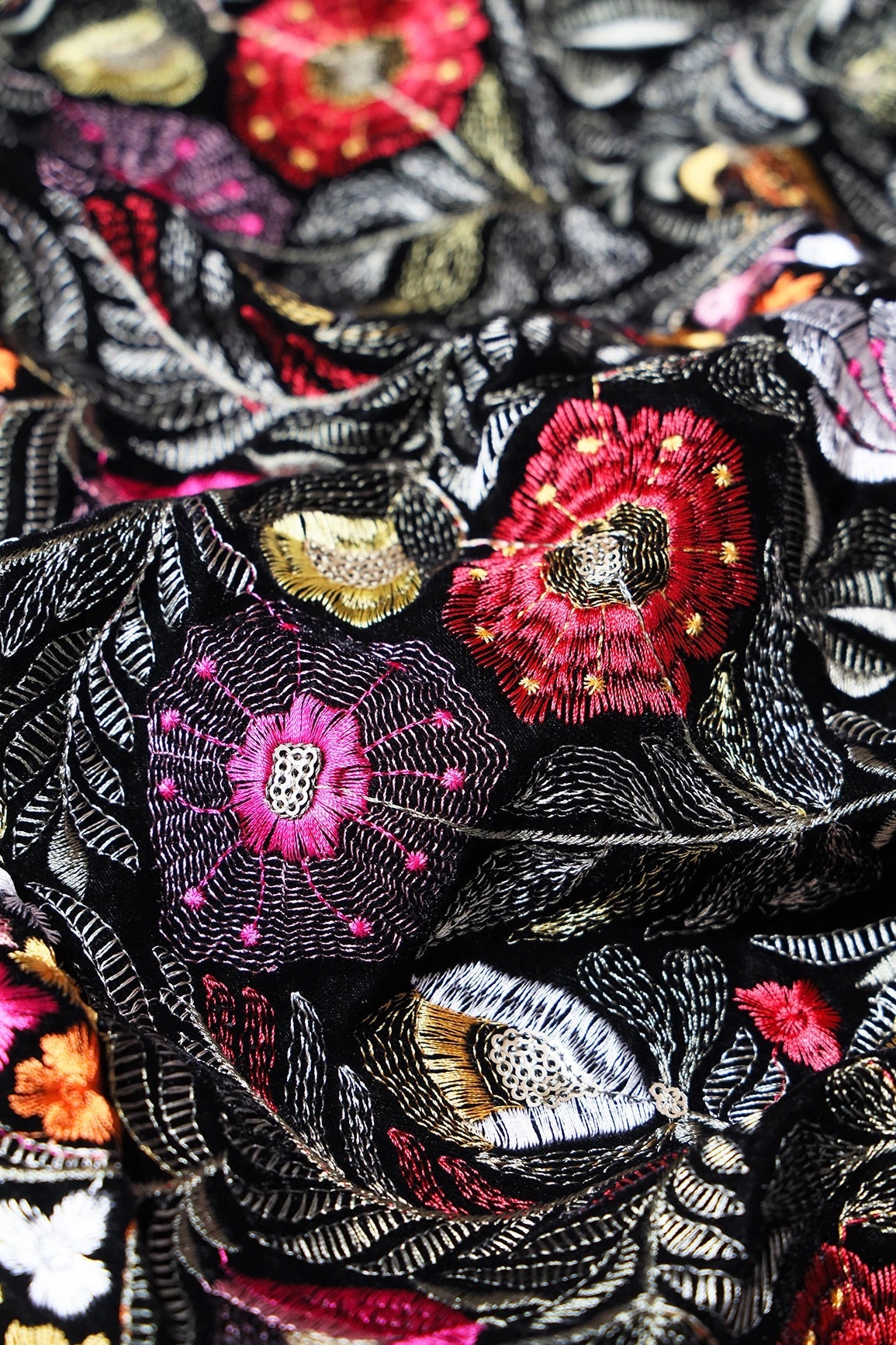 Multi Thread With Gold Sequins Floral Heavy Embroidery Work On Black Velvet Fabric - doeraa
