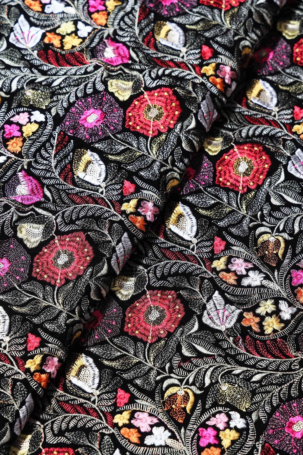 Multi Thread With Gold Sequins Floral Heavy Embroidery Work On Black Velvet Fabric - doeraa