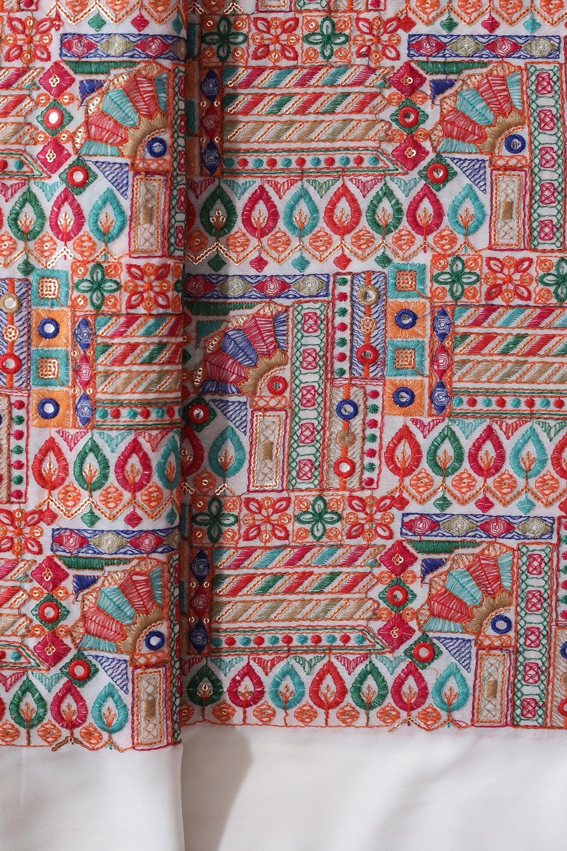 Multi Thread With Gold Sequins Gamthi Embroidery Work On White Georgette Fabric - doeraa