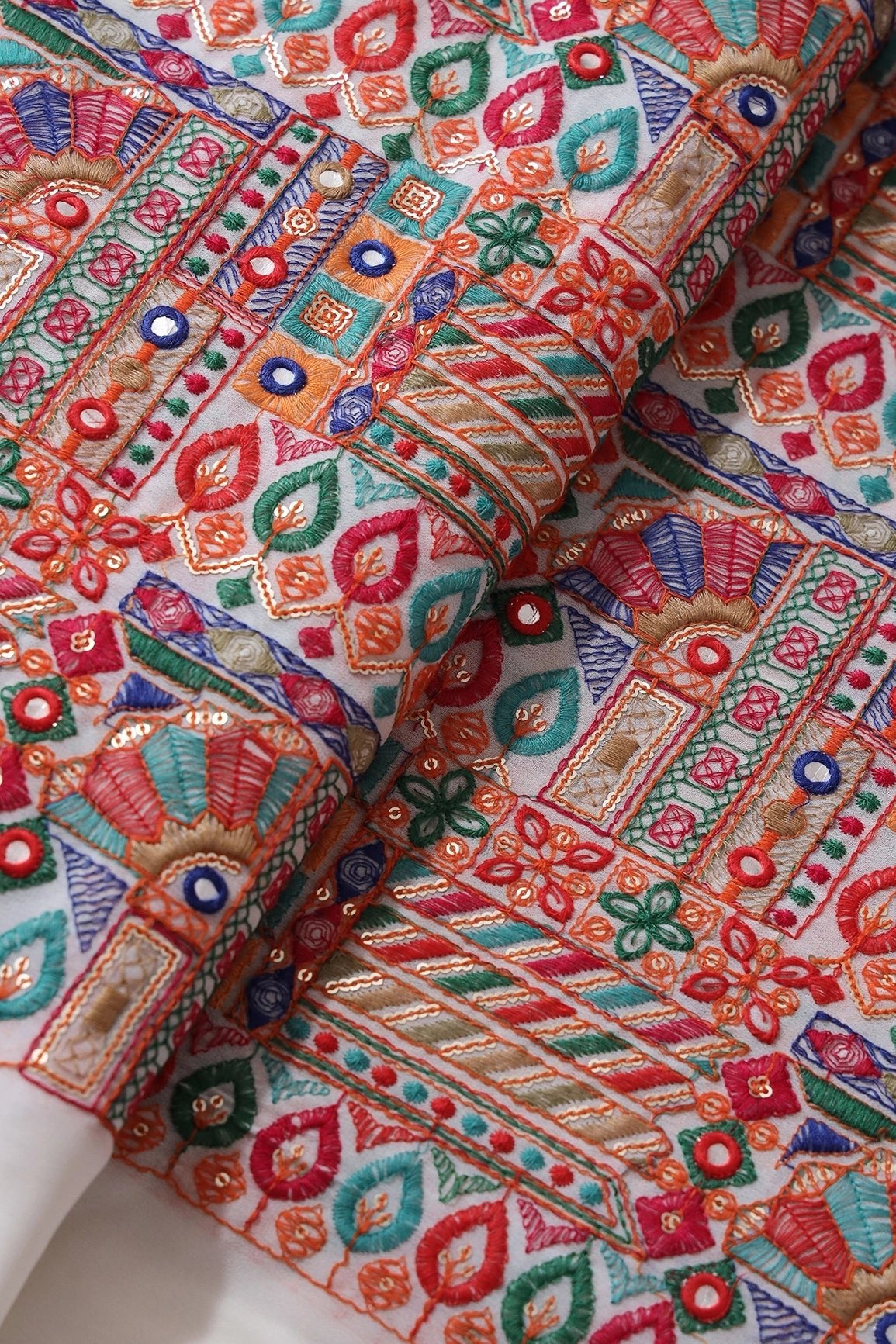 Multi Thread With Gold Sequins Gamthi Embroidery Work On White Georgette Fabric - doeraa