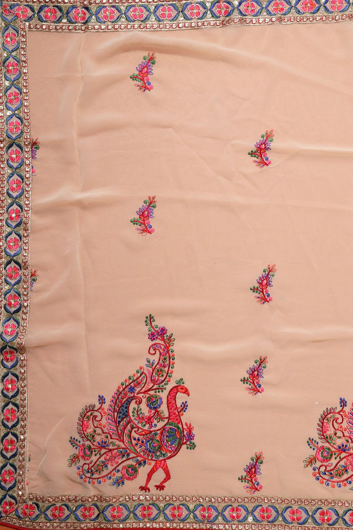 Multi Thread With Gold Zari Floral Embroidery Work On Beige Georgette Dupatta With Border - doeraa