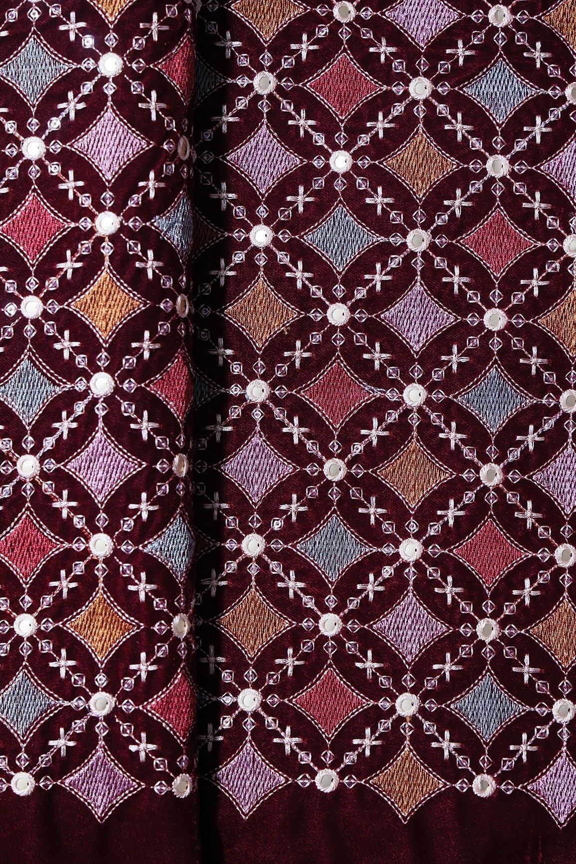 Multi Thread With Sequins Geometric Embroidery Work On Maroon Velvet Fabric - doeraa