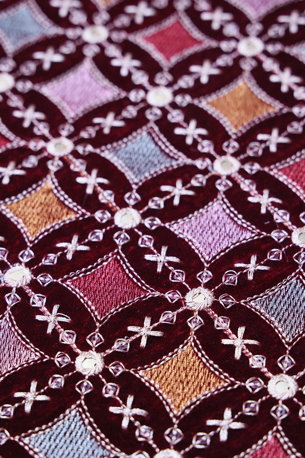 Multi Thread With Sequins Geometric Embroidery Work On Maroon Velvet Fabric - doeraa