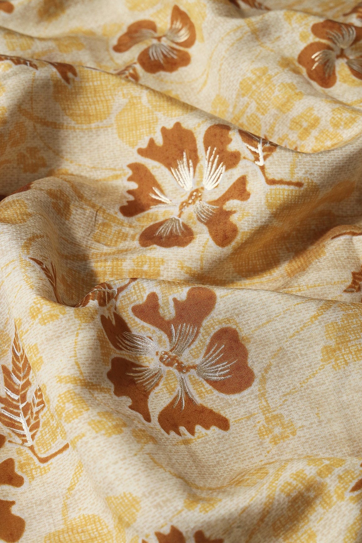 Mustard Yellow And Cream Viscose Chanderi Silk Unstitched Suit (2 Piece) - doeraa