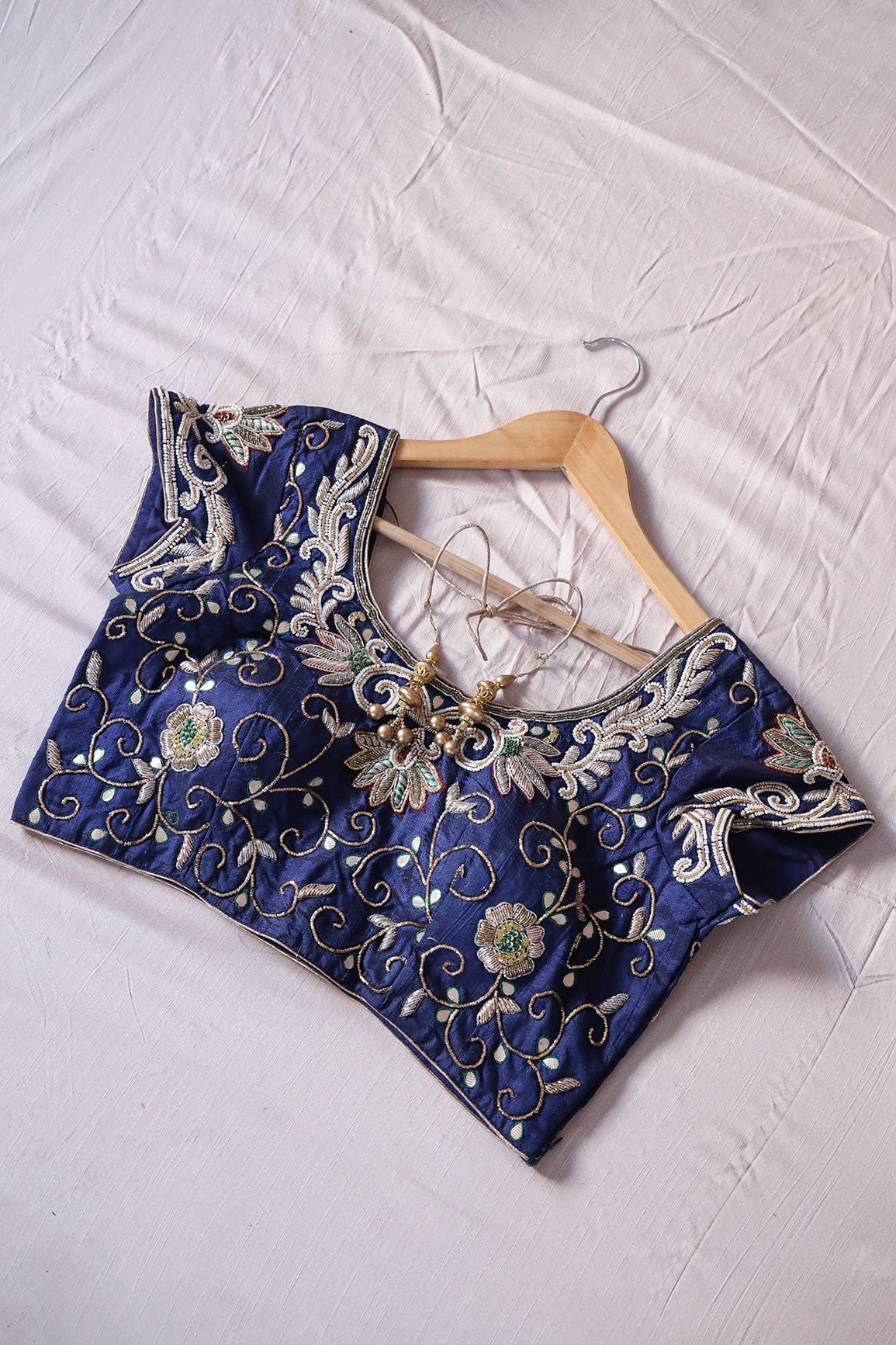 Navy Blue Hand Work Embroidery Raw Silk Stitched Blouse - doeraa