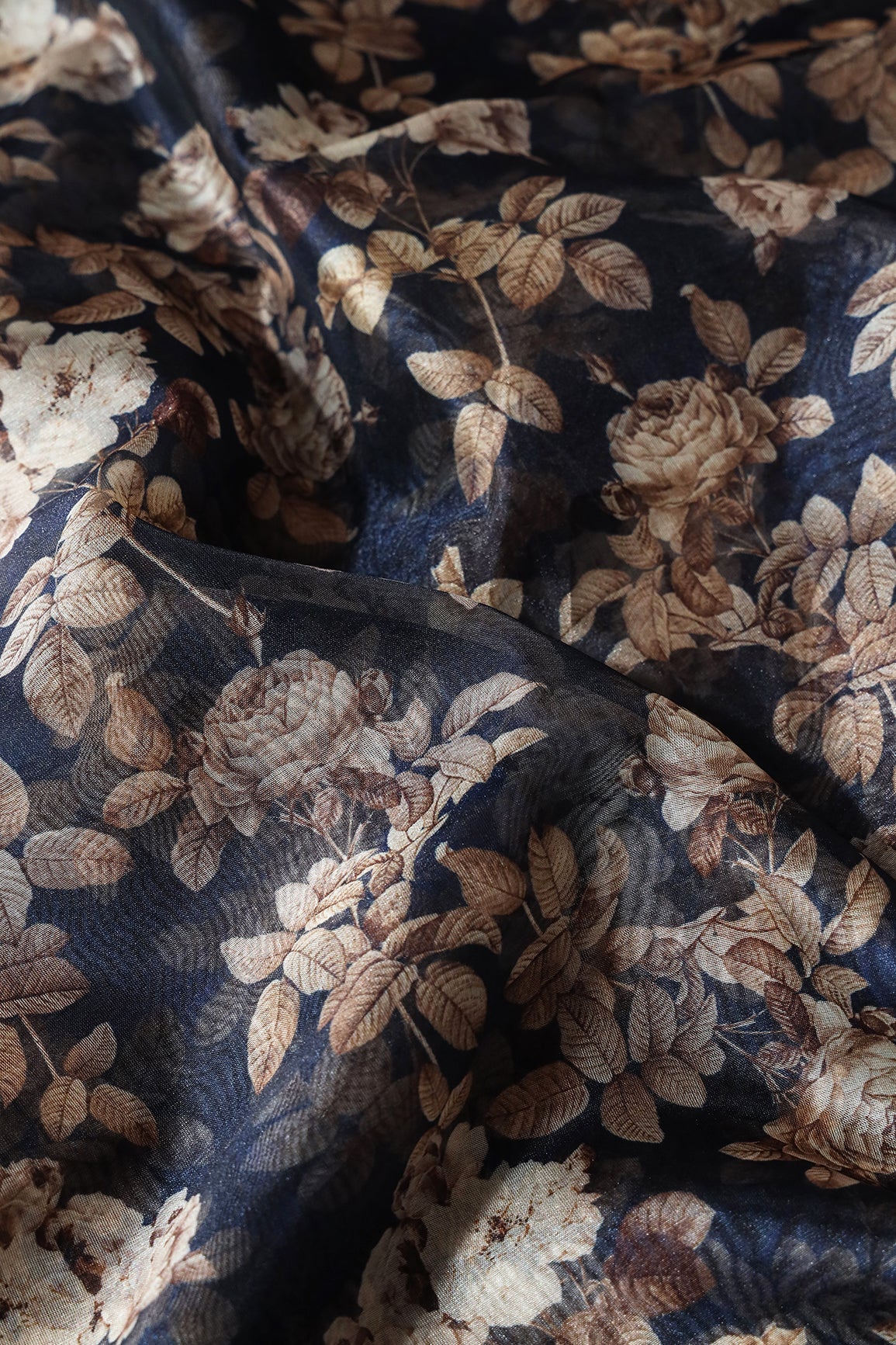 Off White And Brown Floral Digital Print On Navy Blue Organza Fabric - doeraa