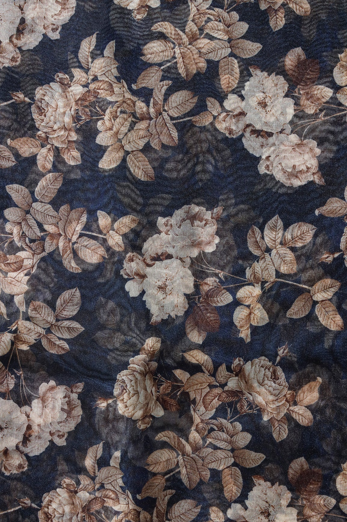 Off White And Brown Floral Digital Print On Navy Blue Organza Fabric - doeraa