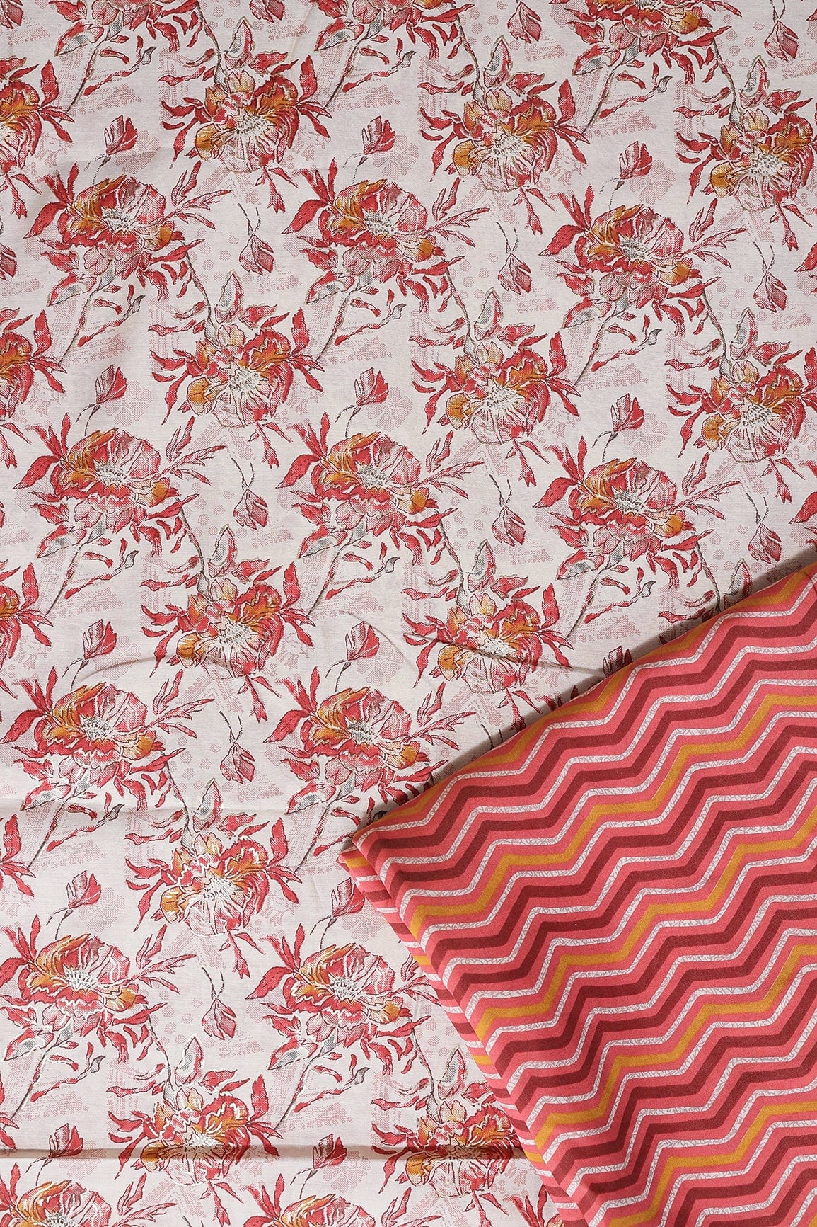 Off White And Pink Viscose Chanderi Silk Unstitched Suit (2 Piece) - doeraa