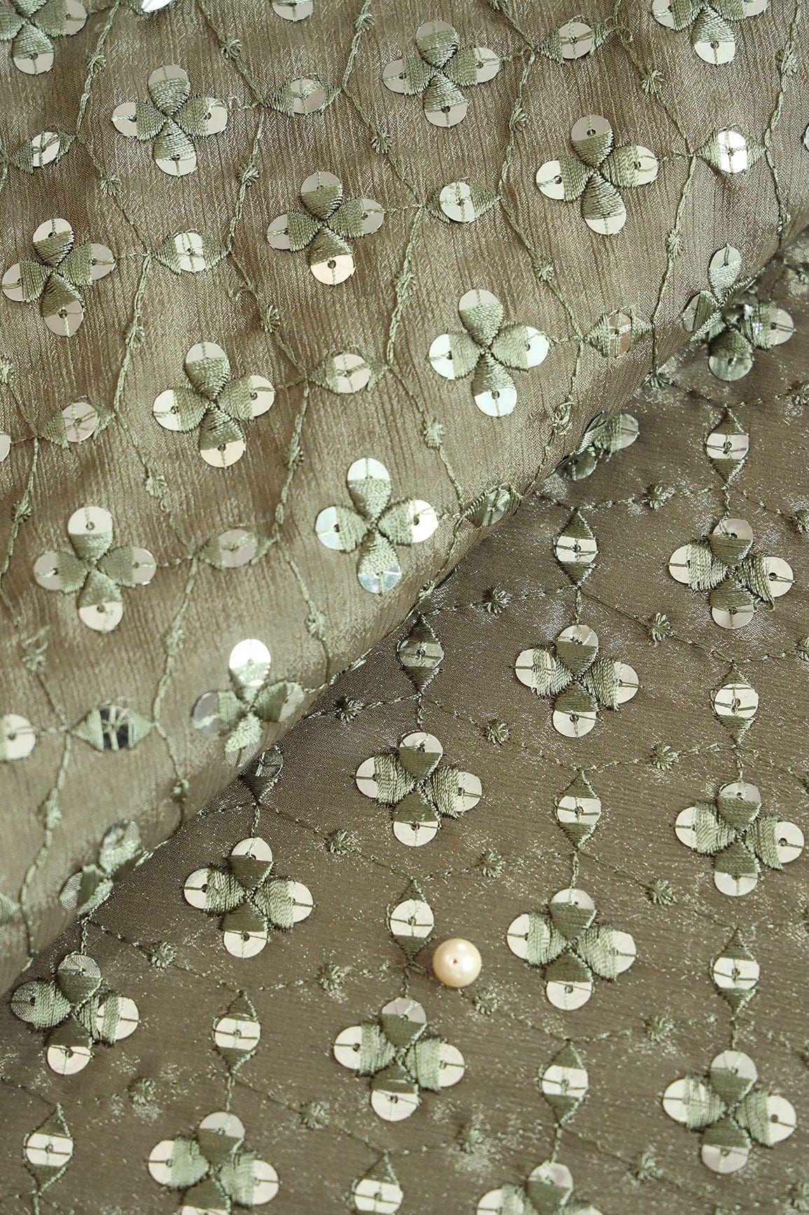 Olive Thread With Sequins Geometric Embroidery Work On Olive Chinnon Chiffon Fabric - doeraa
