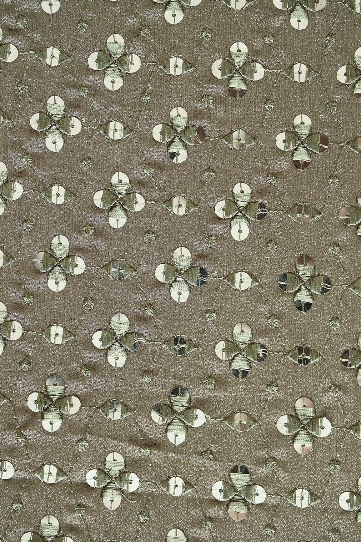 Olive Thread With Sequins Geometric Embroidery Work On Olive Chinnon Chiffon Fabric - doeraa