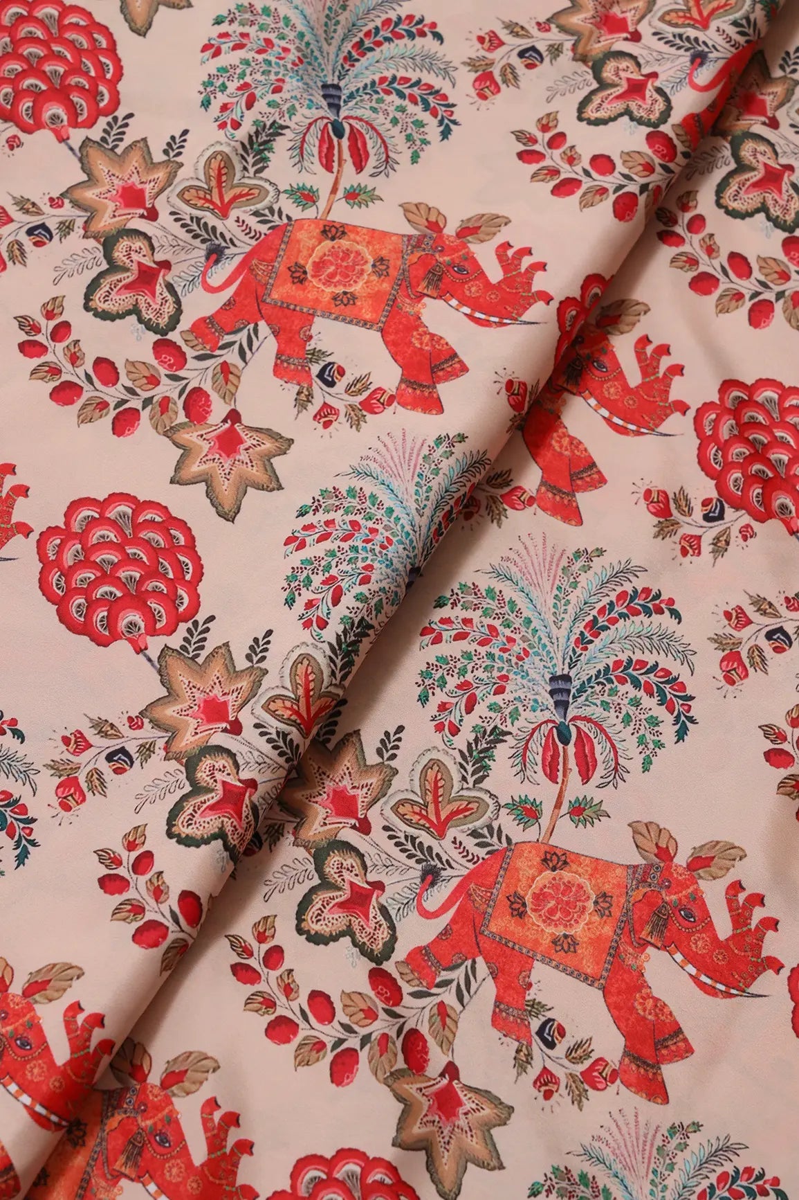 Orange And Cream Traditional Pattern Digital Print On French Crepe Fabric - doeraa