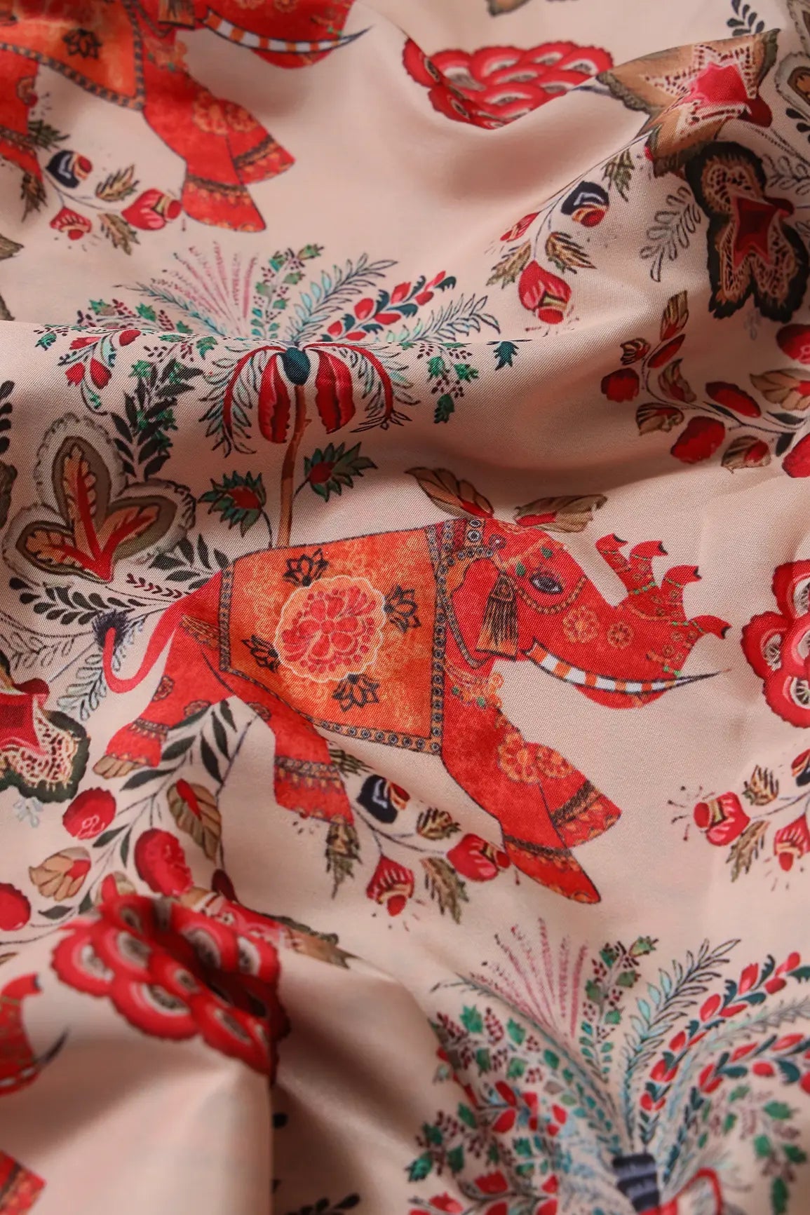 Orange And Cream Traditional Pattern Digital Print On French Crepe Fabric - doeraa