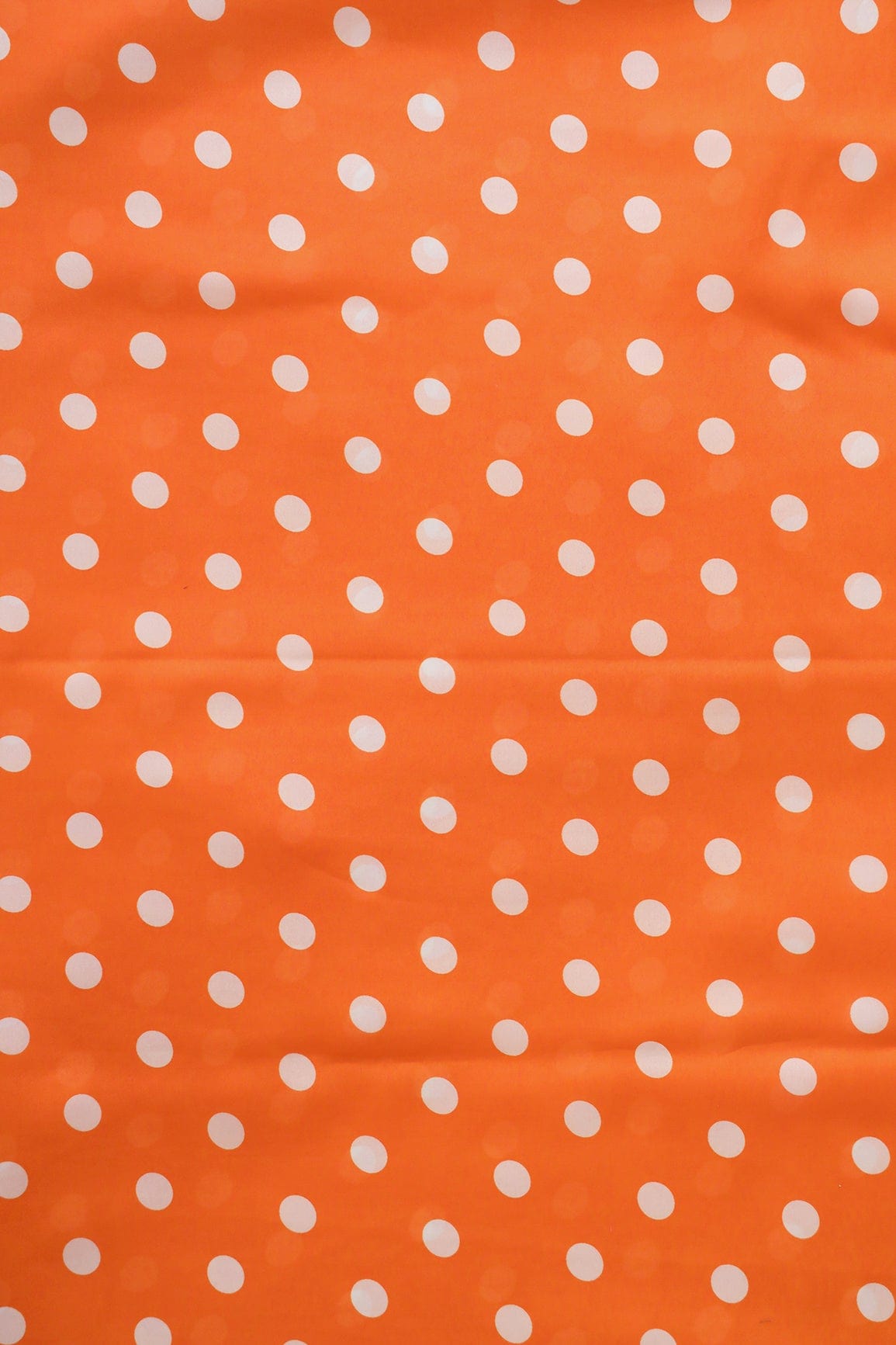 Orange And White Polka Dots Pattern Digital Print On Georgette Satin Fabric - doeraa