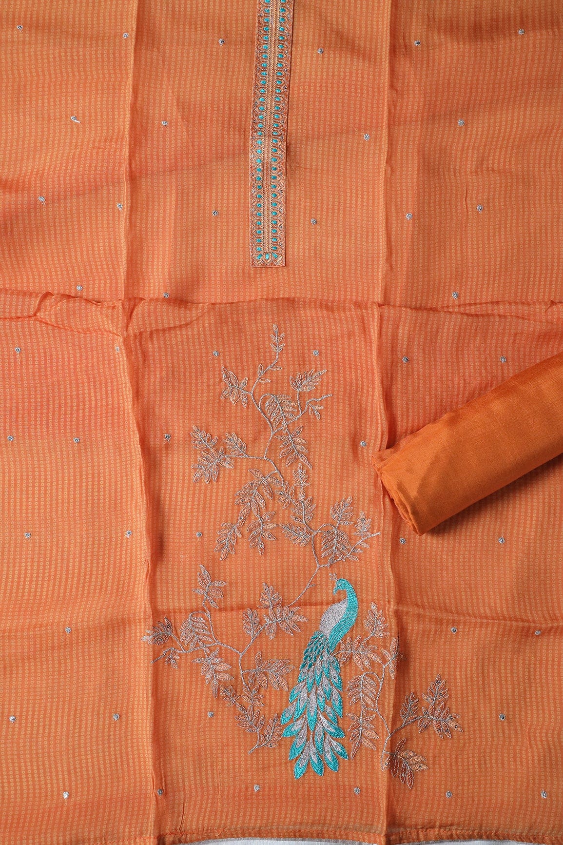 Orange Semi Stitched Pure Organza Suit Set (3 piece) - doeraa
