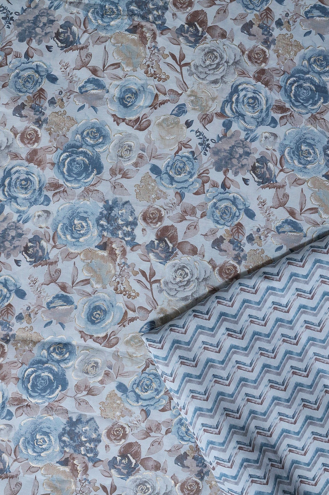 Pastel Blue And Brown Viscose Chanderi Silk Unstitched Suit (2 Piece) - doeraa