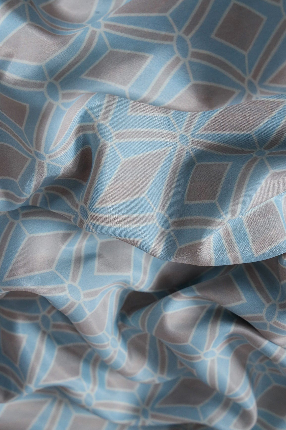 Pastel Blue And Light Grey Ikat Pattern Digital Print On French Crepe Fabric - doeraa
