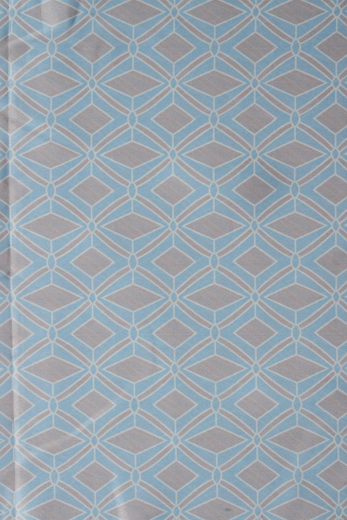 Pastel Blue And Light Grey Ikat Pattern Digital Print On French Crepe Fabric - doeraa