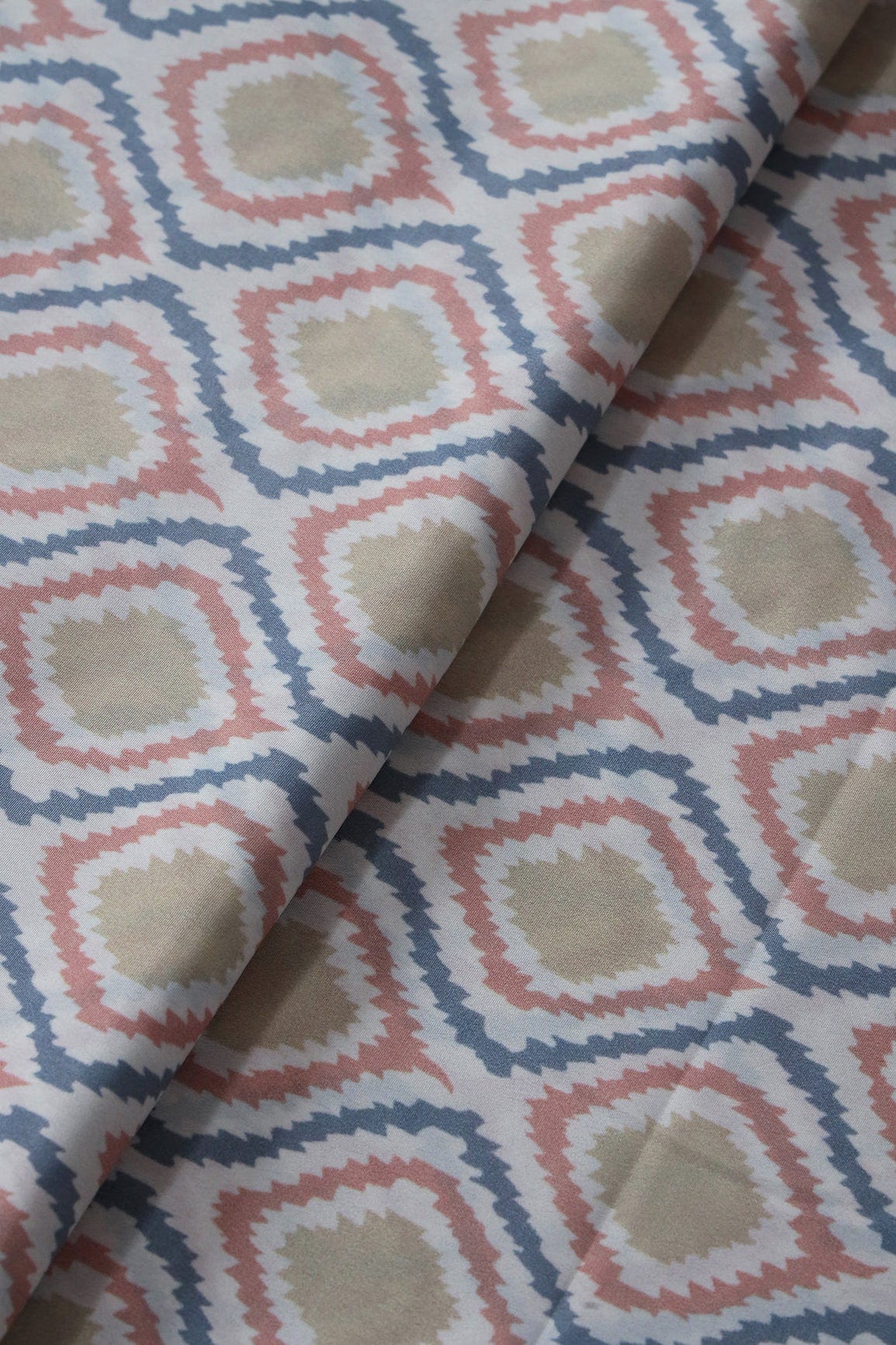 Pastel Peach And Olive Ikat Pattern Digital Print On French Crepe Fabric - doeraa