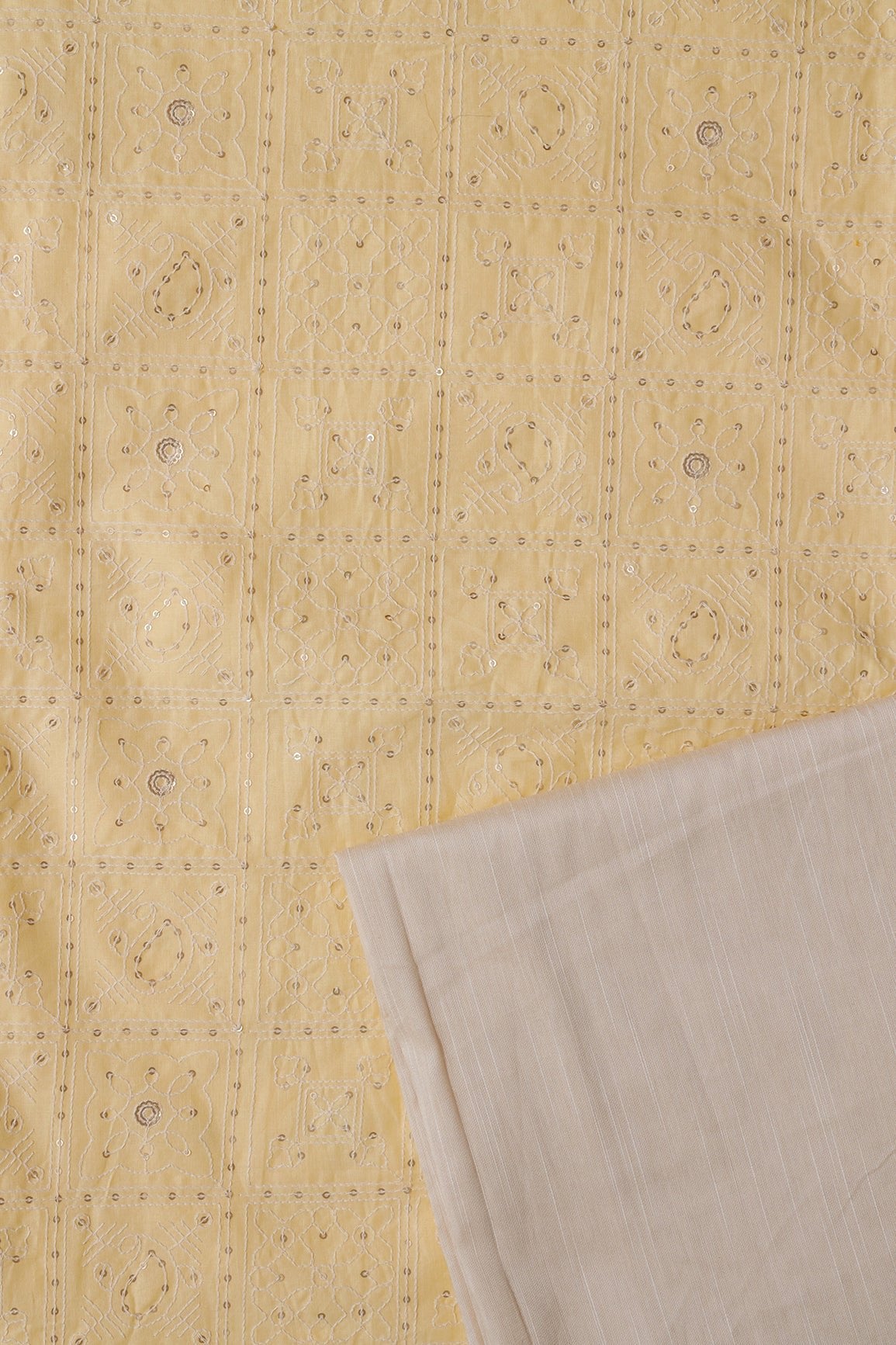 Pastel Yellow And Beige Organic Cotton Unstitched Suit Set (2 Piece) - doeraa
