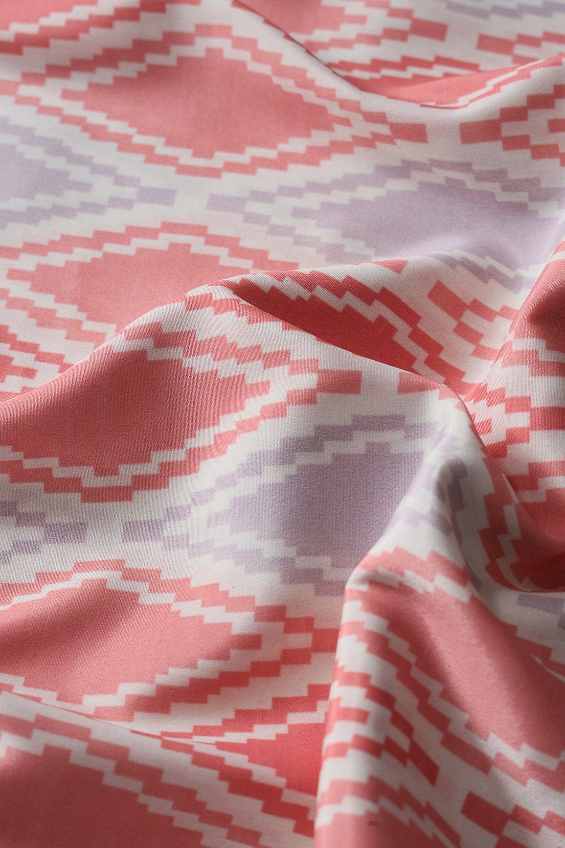 Peach And Light Lavender Ikat Pattern Digital Print On French Crepe Fabric - doeraa