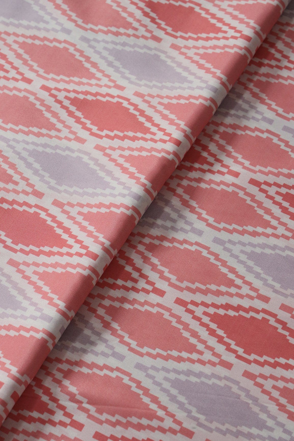 Peach And Light Lavender Ikat Pattern Digital Print On French Crepe Fabric - doeraa
