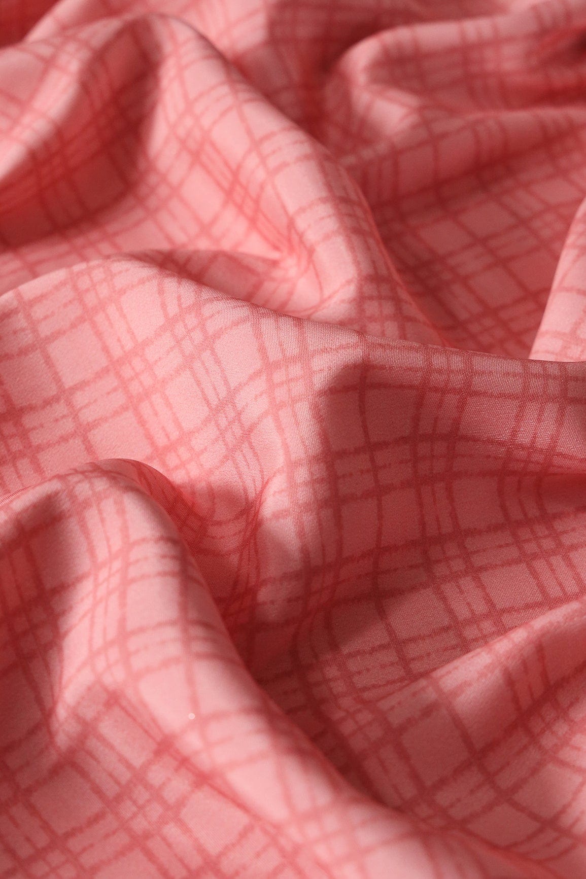 Peach Checks Pattern Digital Print On French Crepe Fabric - doeraa