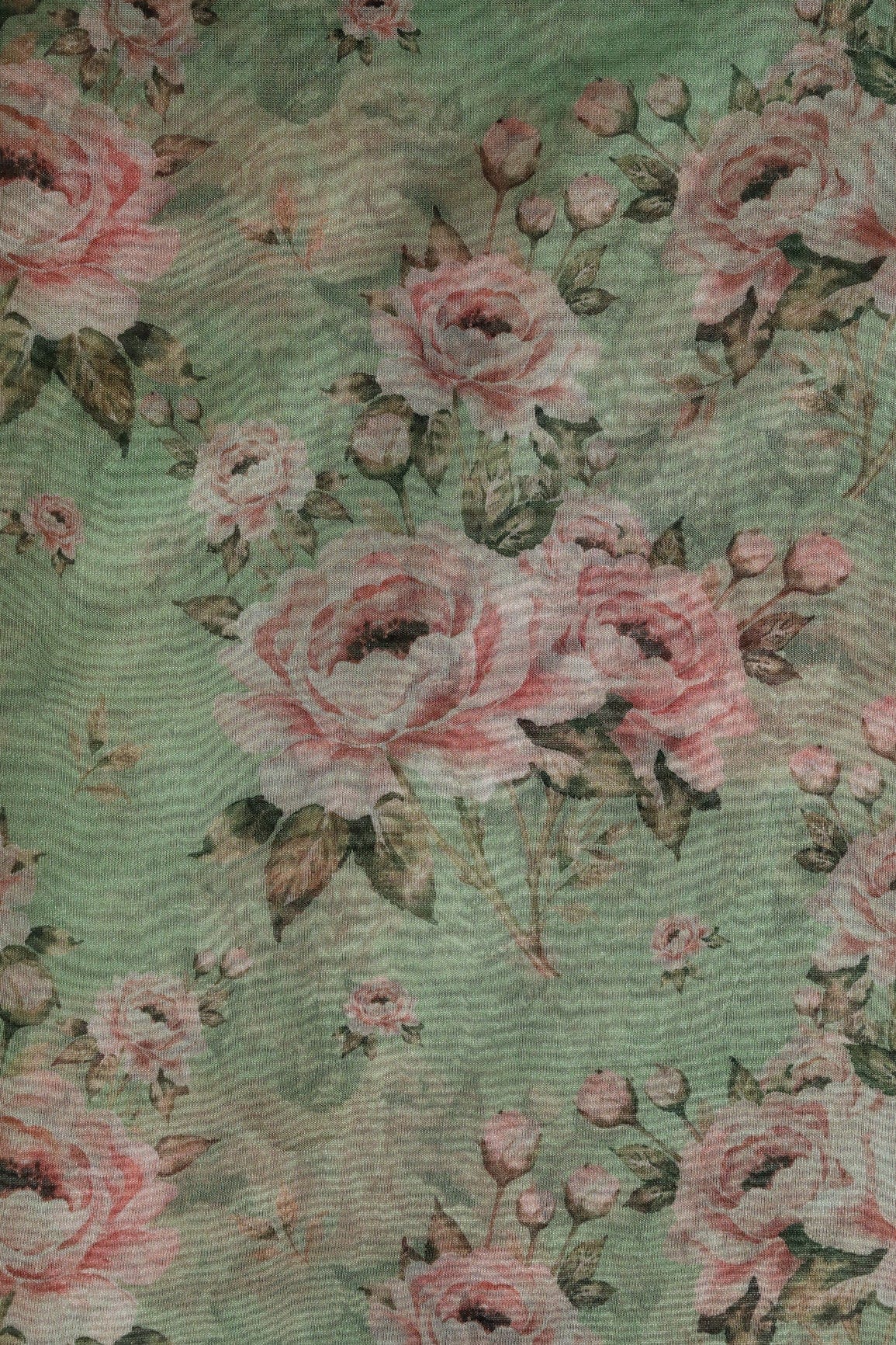 Peach Floral Digital Print On Parrot Green Organza Fabric - doeraa