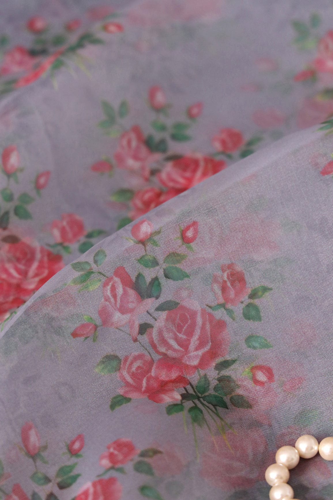 Pink And Green Beautiful Floral Digital Print On Grey Organza Fabric - doeraa